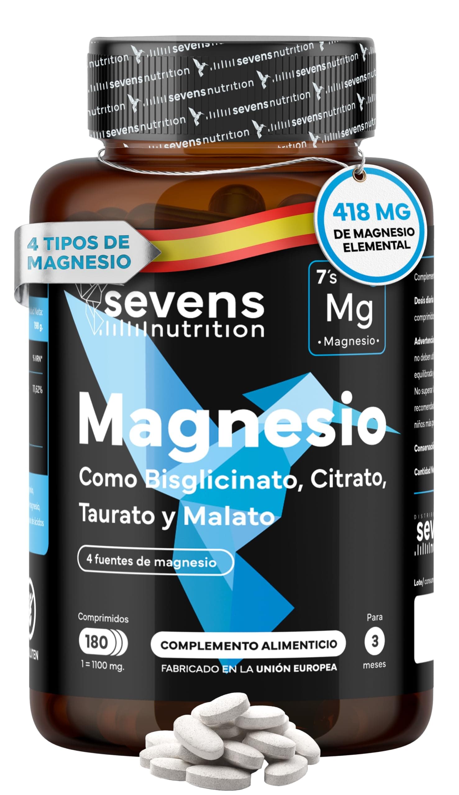 Magnesio Complex 4 en 1 - Citrato, Bisglicinato Quelado, Malato y Taurato - Alta Biodisponibilidad - Energía y Función Muscular. Reduce Cansancio y Fatiga - 180 Comprimidos - Hecho en España - Sevens