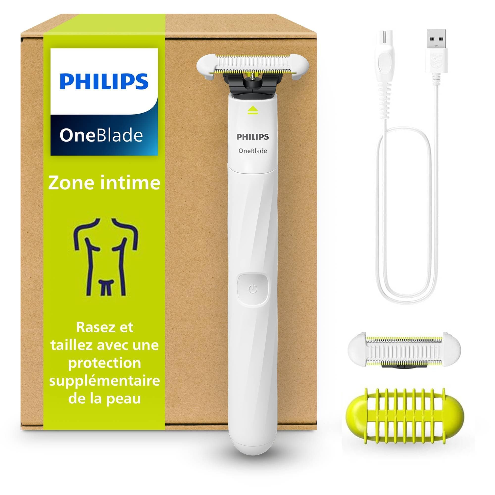 Philips OneBlade Intimate, rasage intime, tailler et raser avec protection cutanée supplémentaire, Rasage proche et confortable - pas complètement nu, modèle QP1924/30