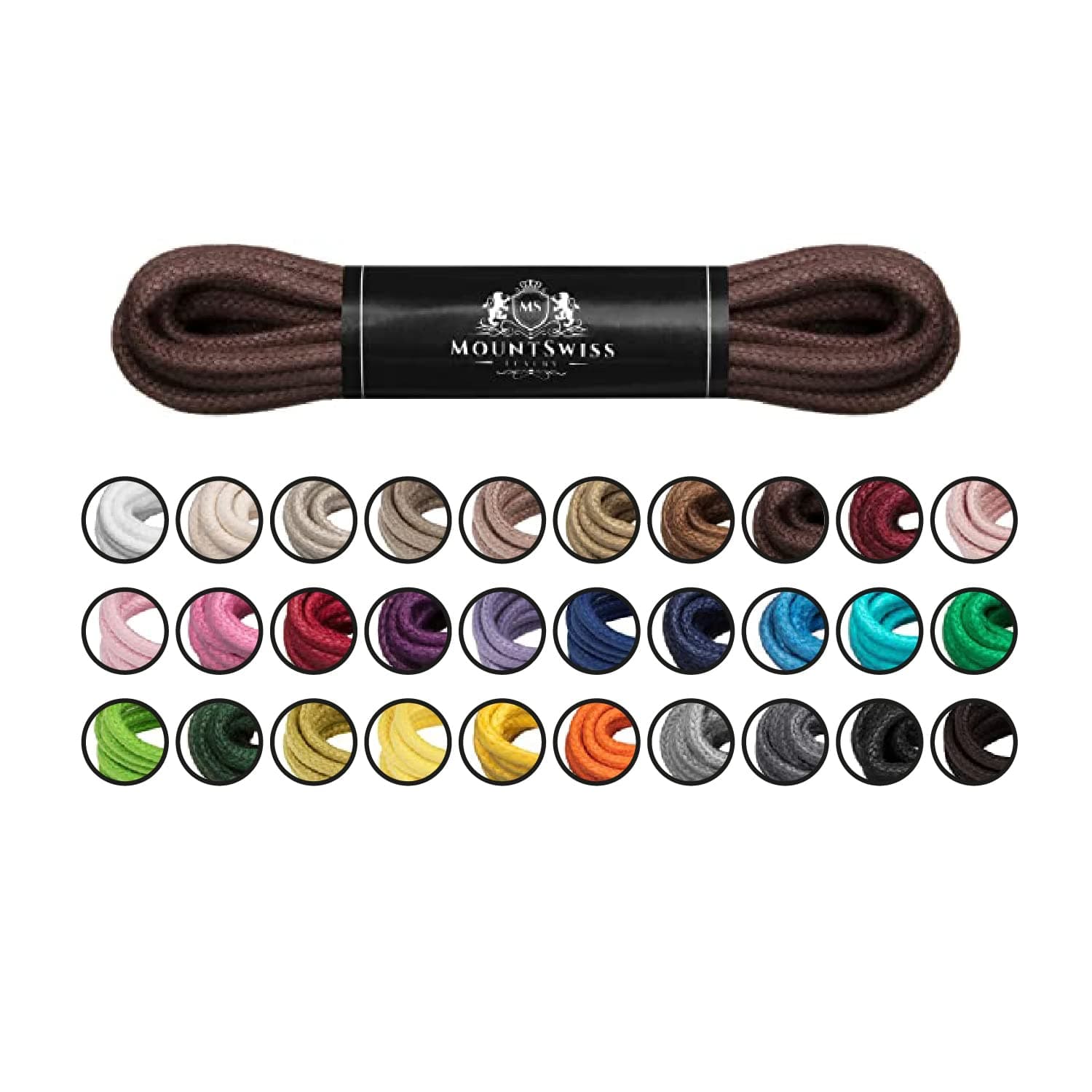 Mount Swiss lacets ronds cirés coton – tailles 45 à 120 cm – diamètre 2 & 3 mm – résistants & déperlants – pour chaussures cuir, ville, bottes, baskets, boots – unisexe – couleurs variées