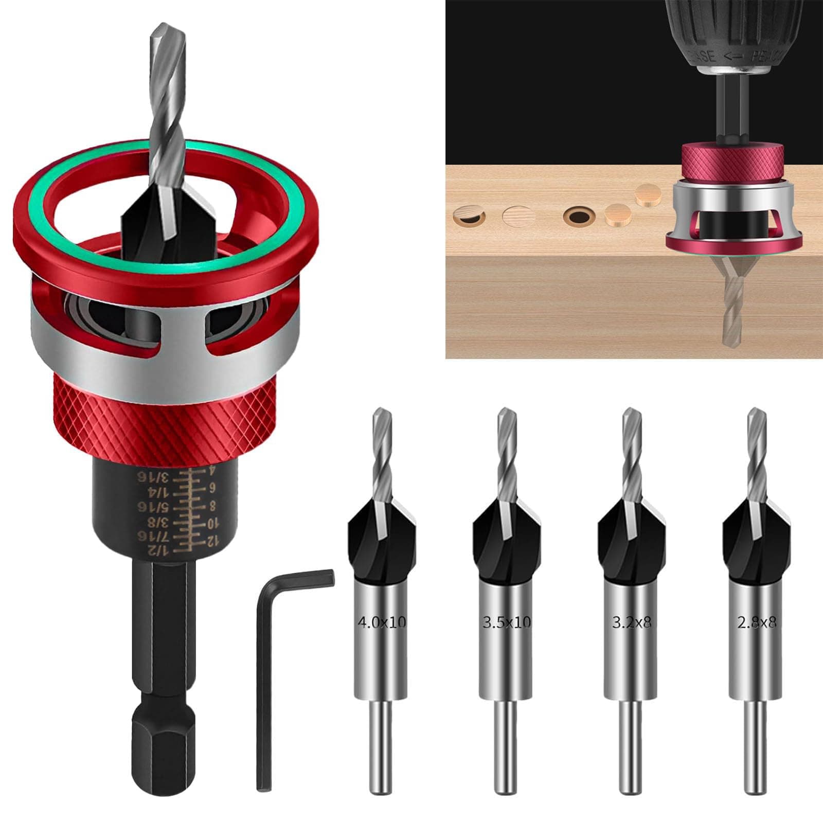 BIGP Jeu de 6 Forets à Chanfreiner avec Butée de Profondeur Réglable – Fraise pour Bois – Tige Hexagonale 1/4″ HSS-M2 – Pour Alésage Précis (Rouge)