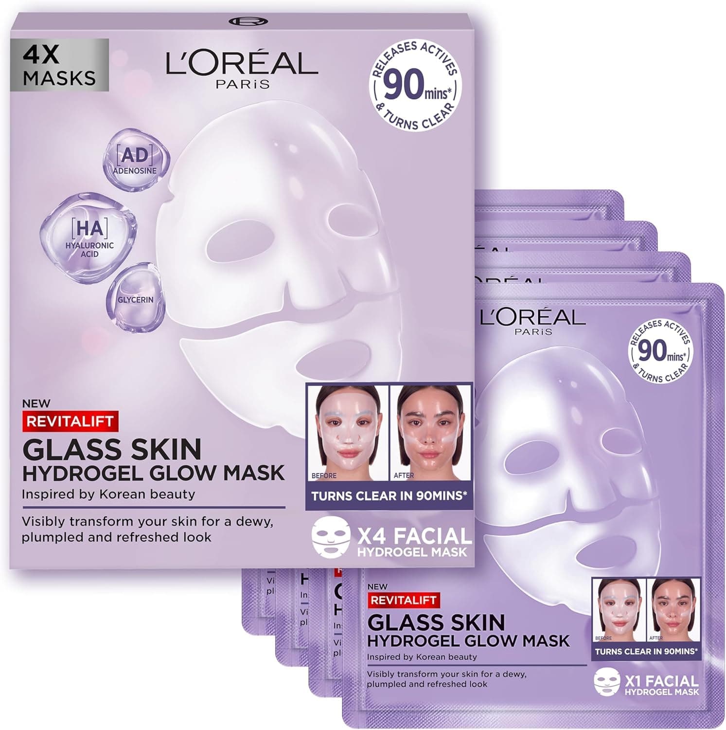 L'Oréal Paris Revitalift Filler Glass Skin Mascarilla Facial Hidrogel Iluminadora, Piel Jugosa y Radiante. Tratamiento rellenador, Ácido Hialurónico, Glicerina, Extracto Centella Asiática, Pack de 4