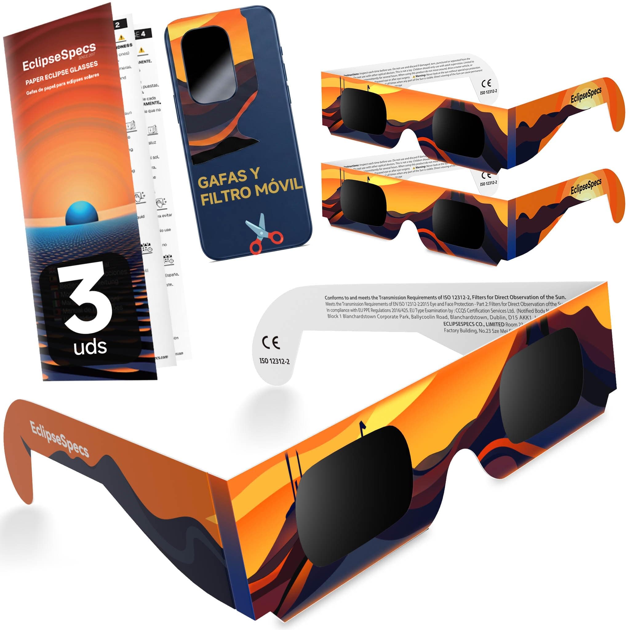 EclipseSpecs Lunette eclipse solaire [Lot de 3/5 /10] -Homologuées Certifiées ISO 12312-2 et CE- Conçues pour l'observation directe des éclipses solaires - Éclipse partielle 2026 - France