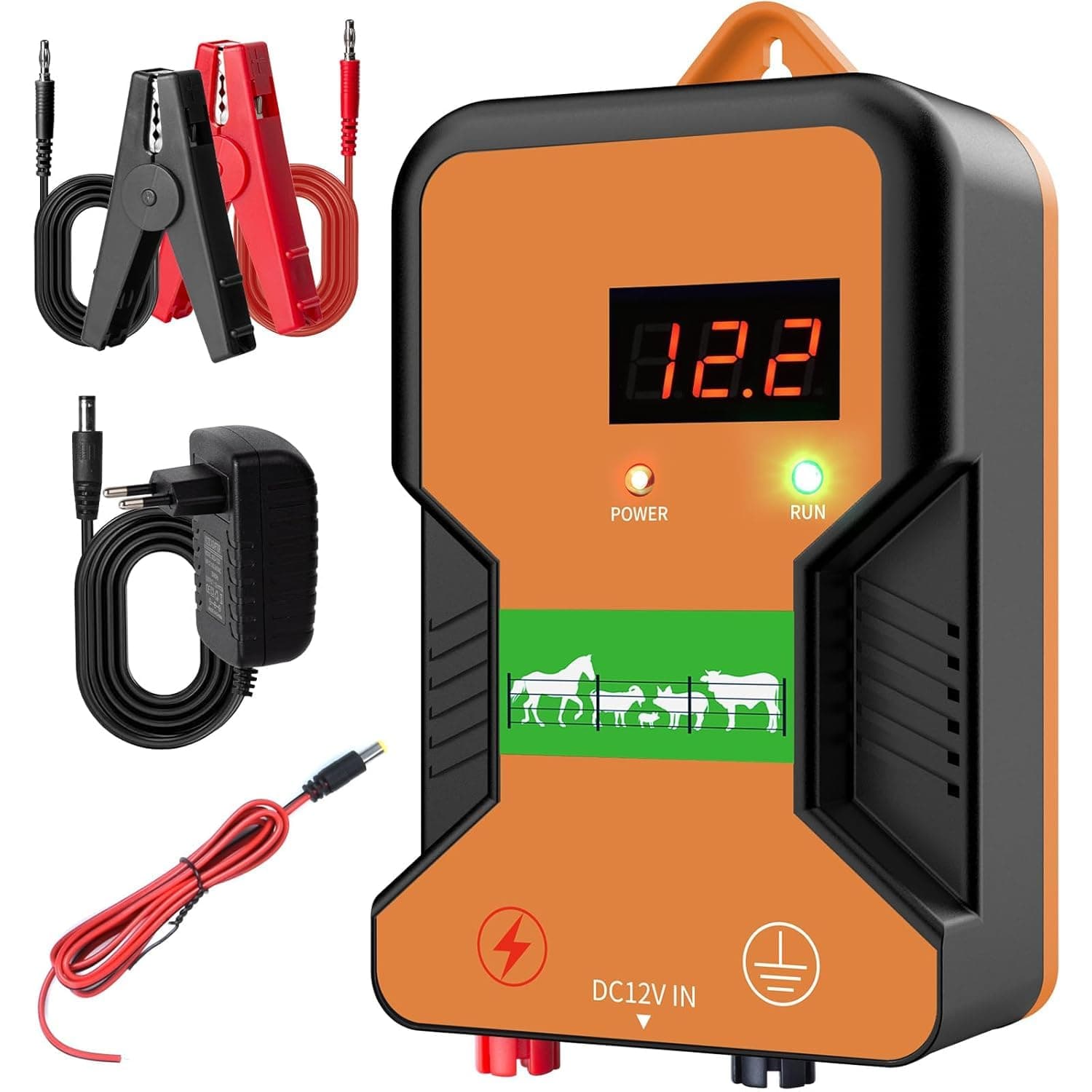 15KM Elettrificatore Per Recinto Elettrico, Recinzione Elettrica per Animali, Per Animali, Allevamento Di Pollame, Pastore, Strumento Per Recinzione Impermeabile (Arancione)