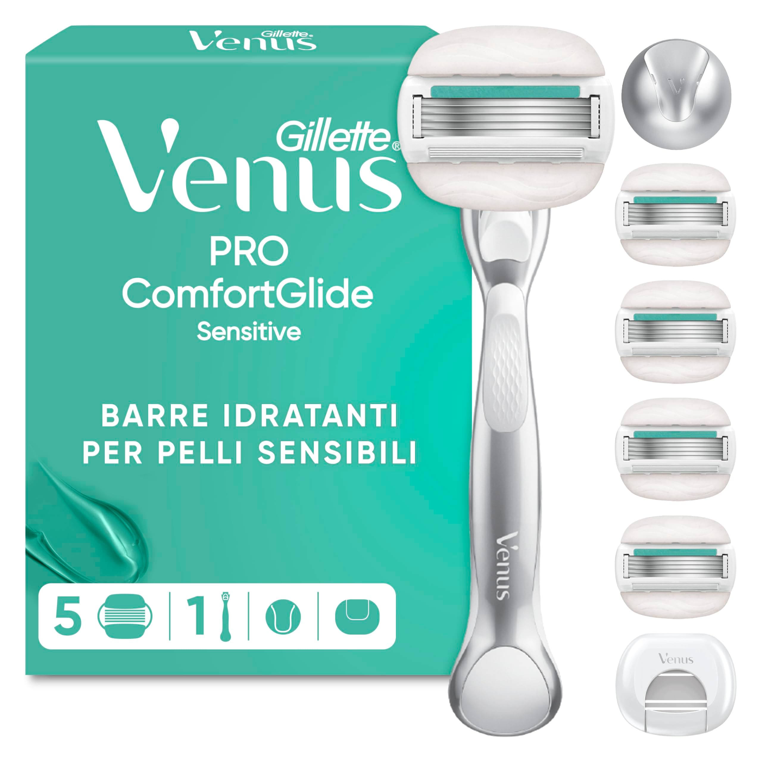 Gillette Venus Pro Comfortglide Sensitive Rasoio da Donna con un Tocco di Aloe, 5 Lamette di Ricambio, Manico in Metallo Riutilizzabile, Gancio per Doccia e Copertura da Viaggio Pezzi