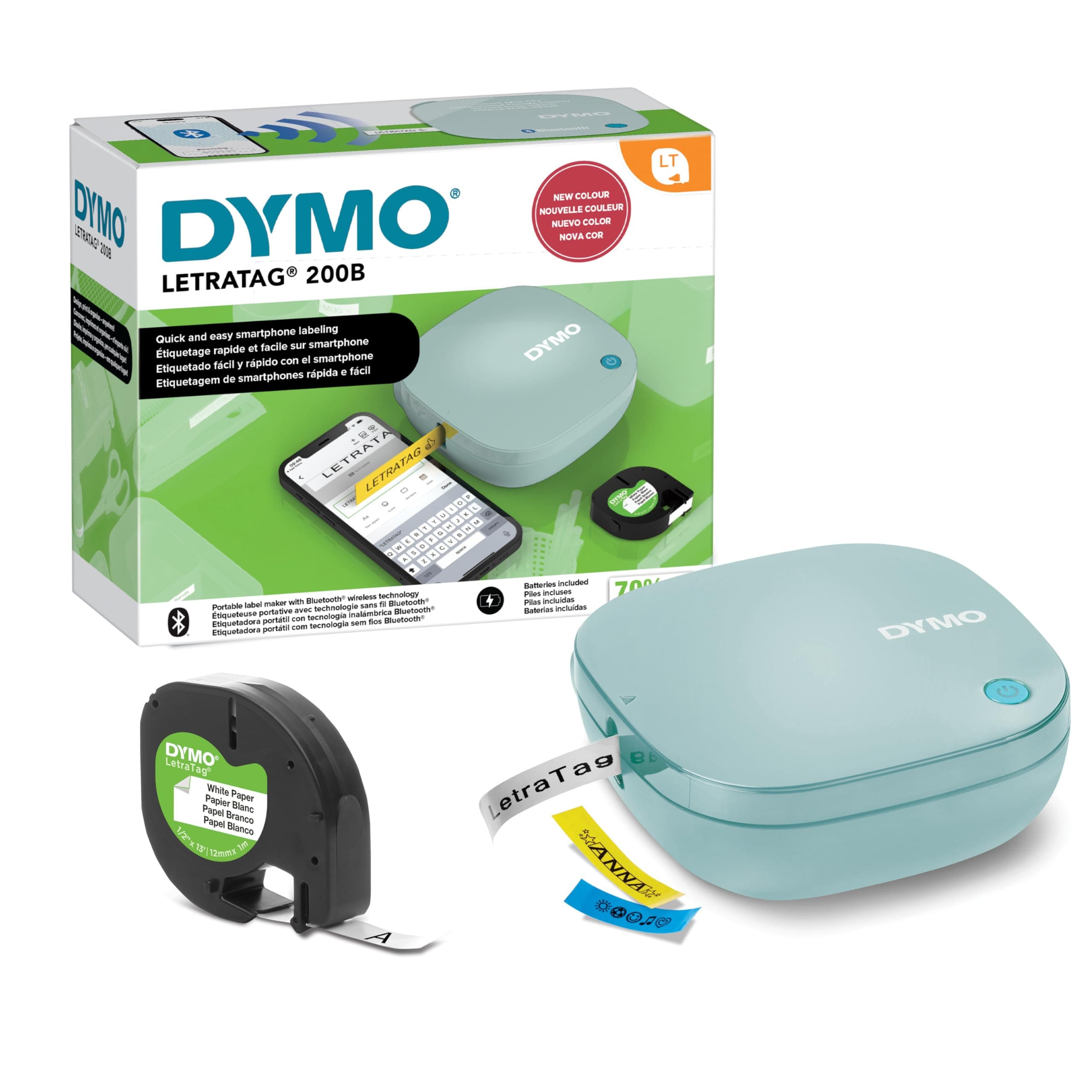 DYMO LetraTag 200B-Beschriftungsgerät mit Bluetooth | kompakter Etikettendrucker | verbindet Sich über Wireless Bluetooth-Technologie | inklusive 1 x Papierschriftband in Weiß | Daydream Blue