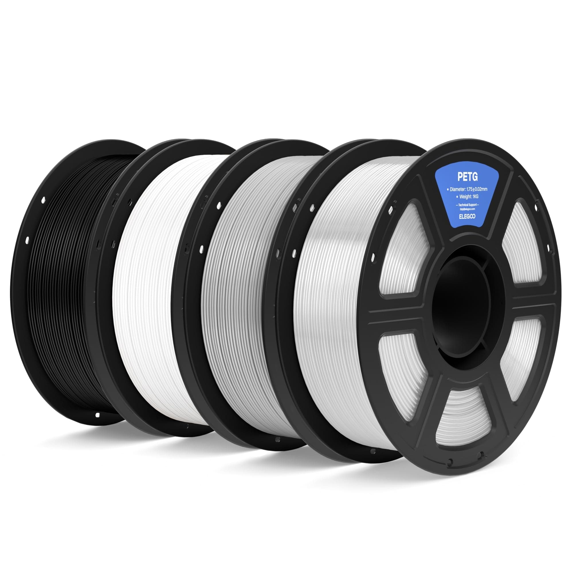 ELEGOO Filament PETG 1,75 mm Noir/Blanc/Gris/Transparent 4KG, Filament 3D Précision Dimensionnelle ±0,02 mm, Bobine 1 kg (2,2 lbs) Compatible avec la Plupart des Imprimantes FDM
