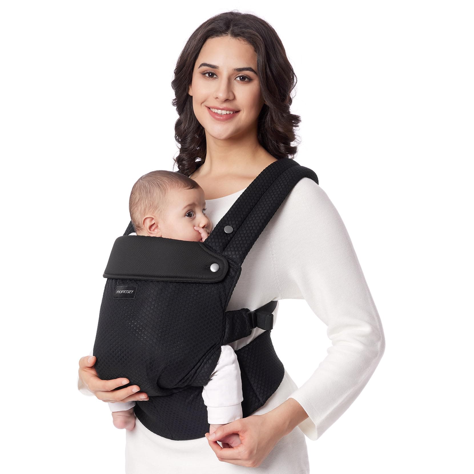 Momcozy Atmungsaktive Netz-Babytrage (3-24 Monate) - 100% Polyester Mesh, Ergonomischer Baby Carrier mit X-Rücken & Lendenstütze, Taillenumfang 64-127cm, Air Mesh-Schwarz