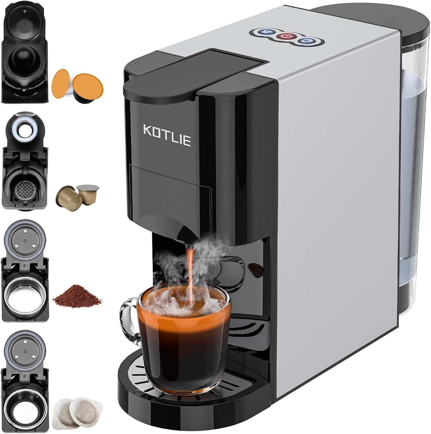 KOTLIE Machine à café en capsules 4 en 1 pour NES/DG/café moulu/capsules ESE (44 mm), 19 bar, 1450 W, 800 ml (AC-513K)