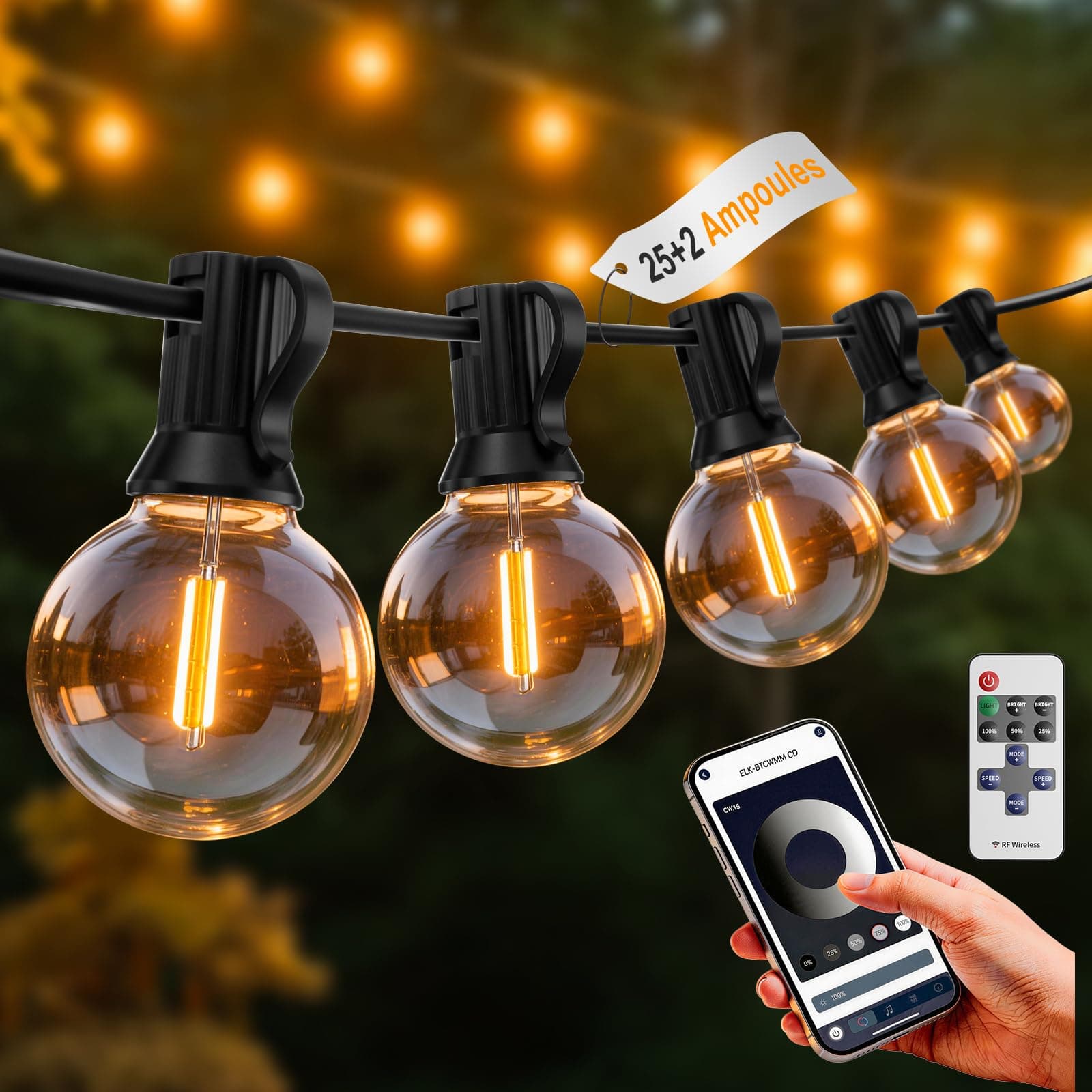 G40 Guirlande Lumineuse Exterieure Intérieur mit APP Contrôle & Télécommande Dimmable, Guirlande Guinguette Exterieur 23,5M 25+2 Étanche Incassables Ampoules pour Terrasse Jardin Mariage Fête