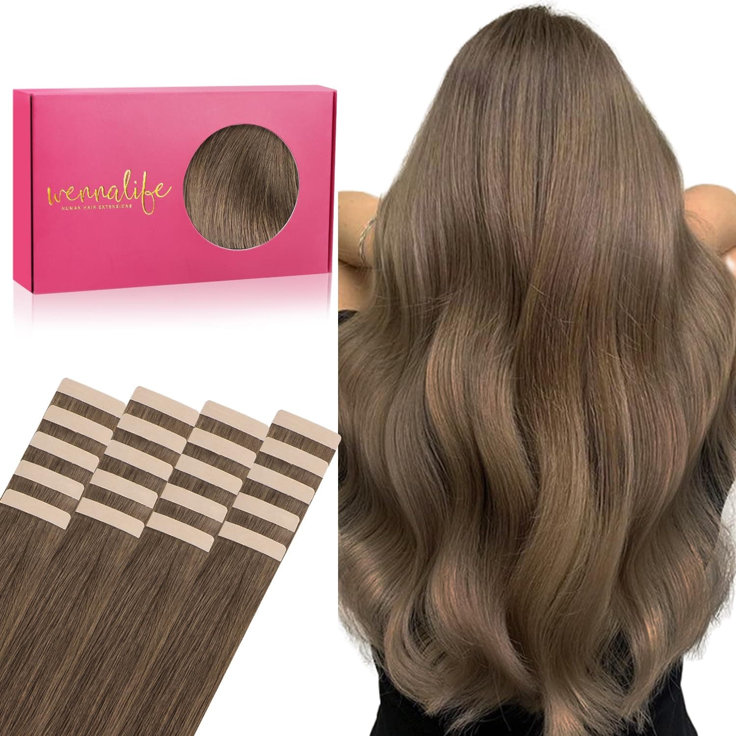 WENNALIFE Extension Capelli Veri Biadesivo, 20pz 55cm 50g Marrone Cenere Chiaro Extension Biadesive Capelli Veri Lisci Remy Tape in Hair Extensions Capelli Setosi