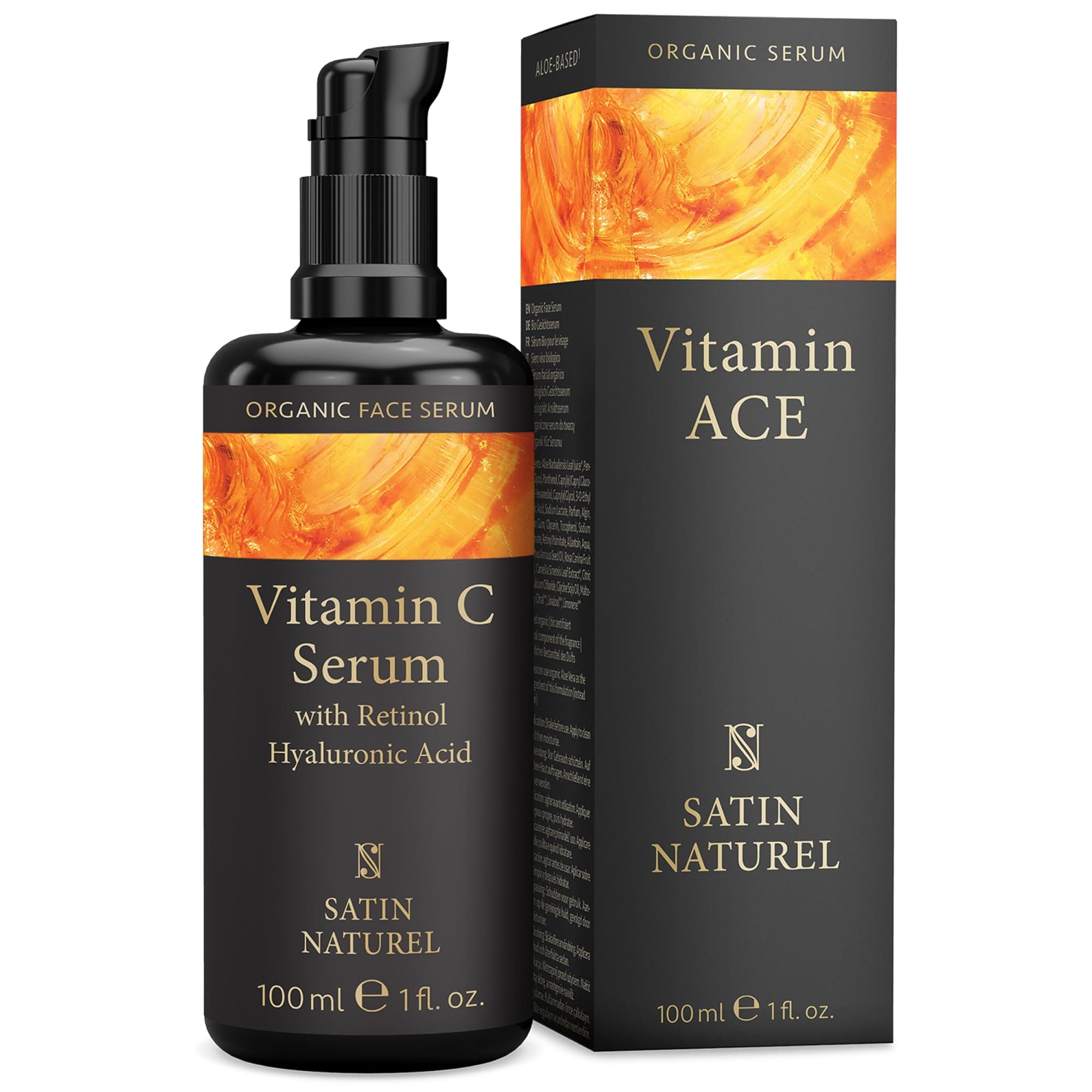 Vitamine C Serum Visage 100ml, Enrichi en Retinol + Acide Hyaluronique + Vitamine E à Base d' Aloe Vera Bio pour Peaux Sensibles, Formule Innovante pour effet Lifting Visage par Satin Naturel
