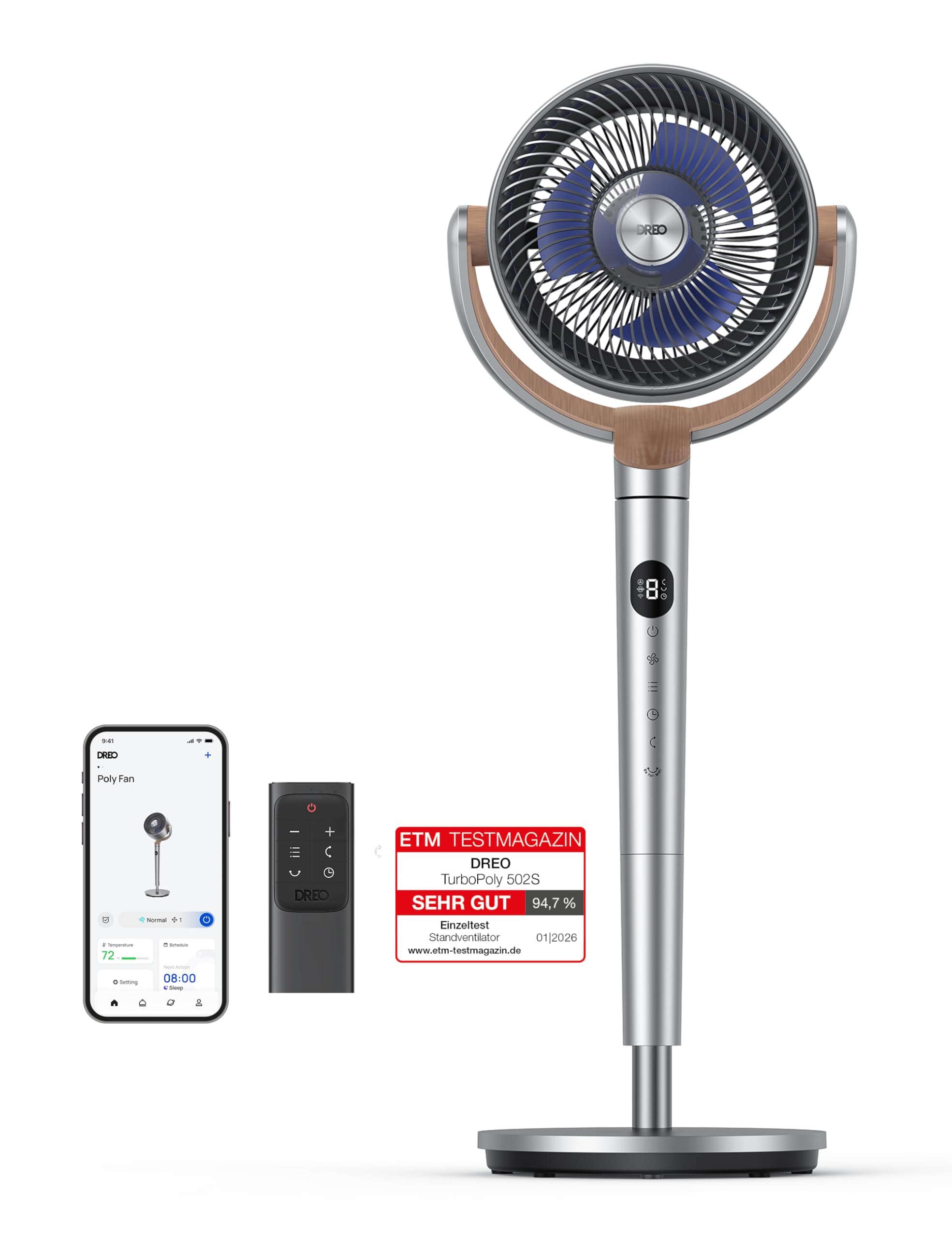 DREO Smart Standventilator, 120°+120° Oszillierend Ventilator mit Wi-Fi/Sprachsteuerung, 20dB Leiser Bodenventilator für Schlafzimmer, einstellbare Höhe, 8 Geschwindigkeiten, 6 Modi, 12H Timer