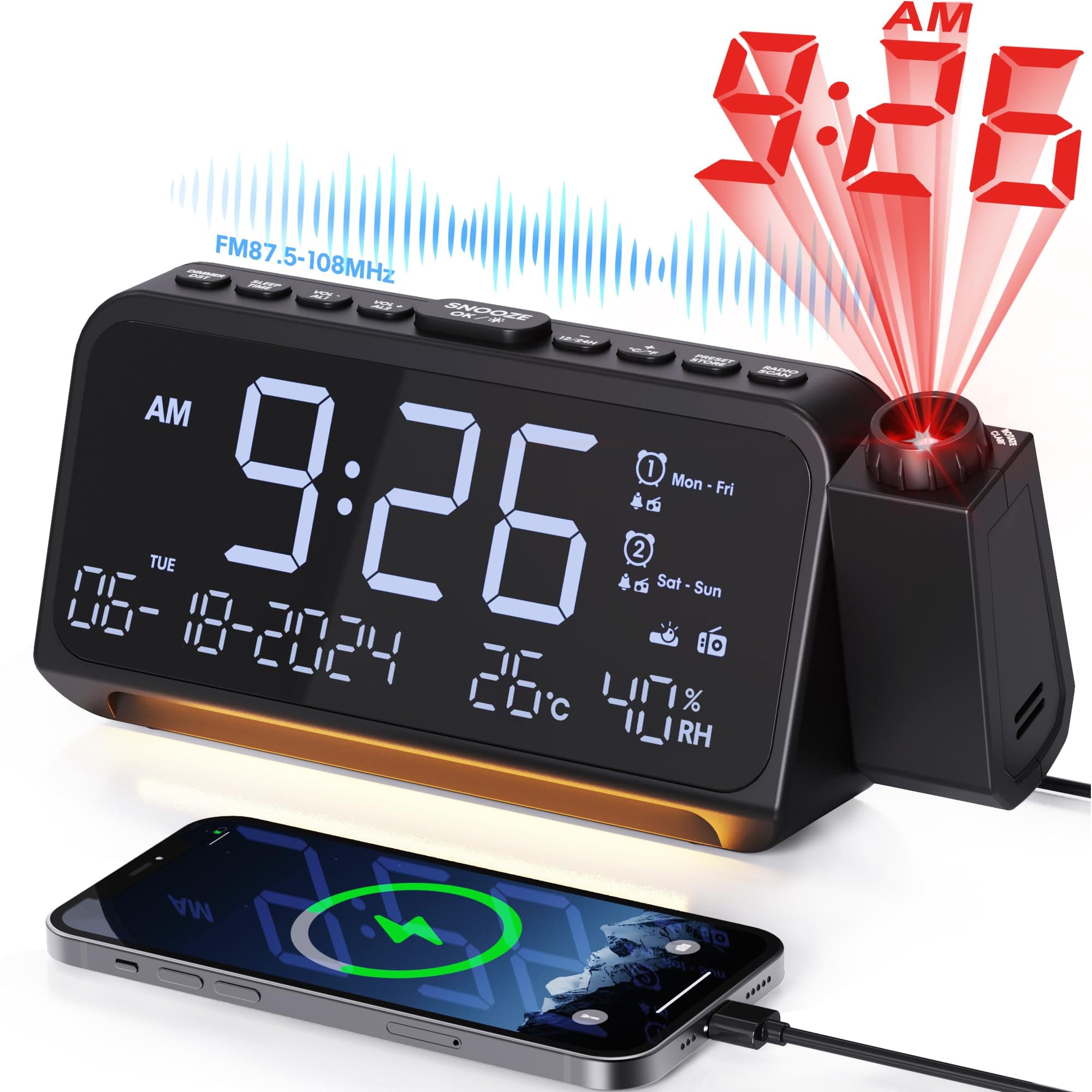 Mesqool Radio Despertador Proyector de Techo con Proyector de 320°, Modo día laborable/Fin de Semana, 2 Alarmas, Cargador USB Tipo C, FM, Regulador de Intensidad, Temperatura, Humedad, Snooze, 12/24H