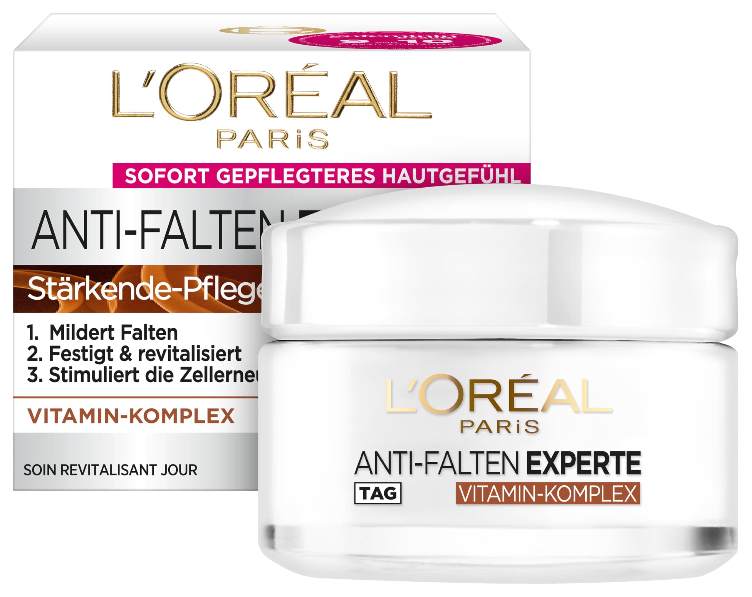 L'Oréal Paris Feuchtigkeitspflege für das Gesicht, Anti-Aging Tagescreme zur Minderung von Falten, Vitamin B3 und Vitamin E, Festigt und revitalisiert die Haut, Anti-Falten Experte, 1 x 50 ml
