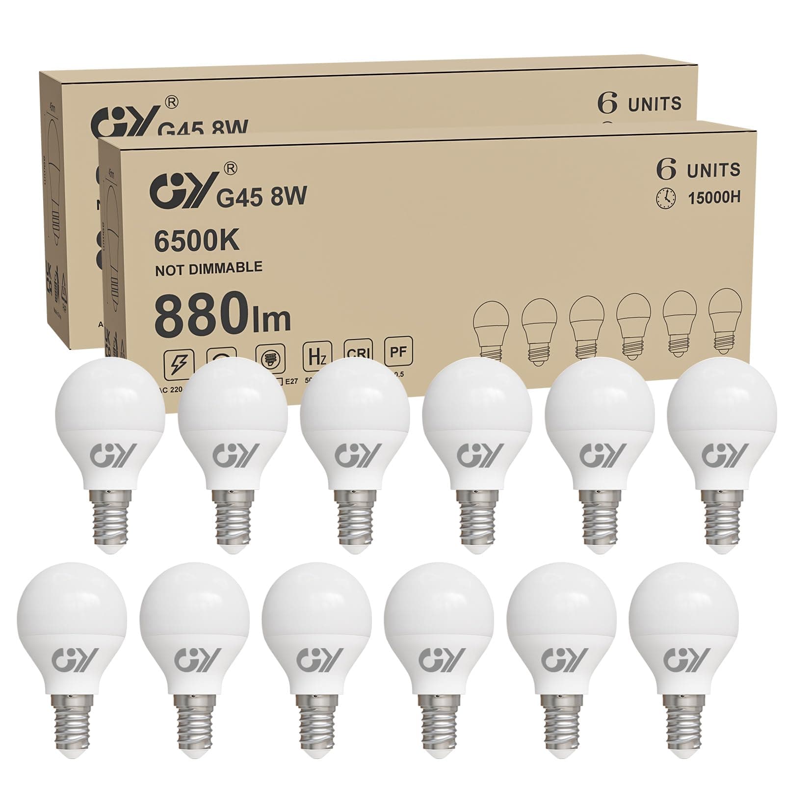 GY Bombilla LED E14 Luz Fría 6500K 8W 880LM, Bombillas Miniesfèrica G45 Rosca fina, sin Parpadeo, CRI＞80, Ahorro Energético, No Regulable, 12 Pieza
