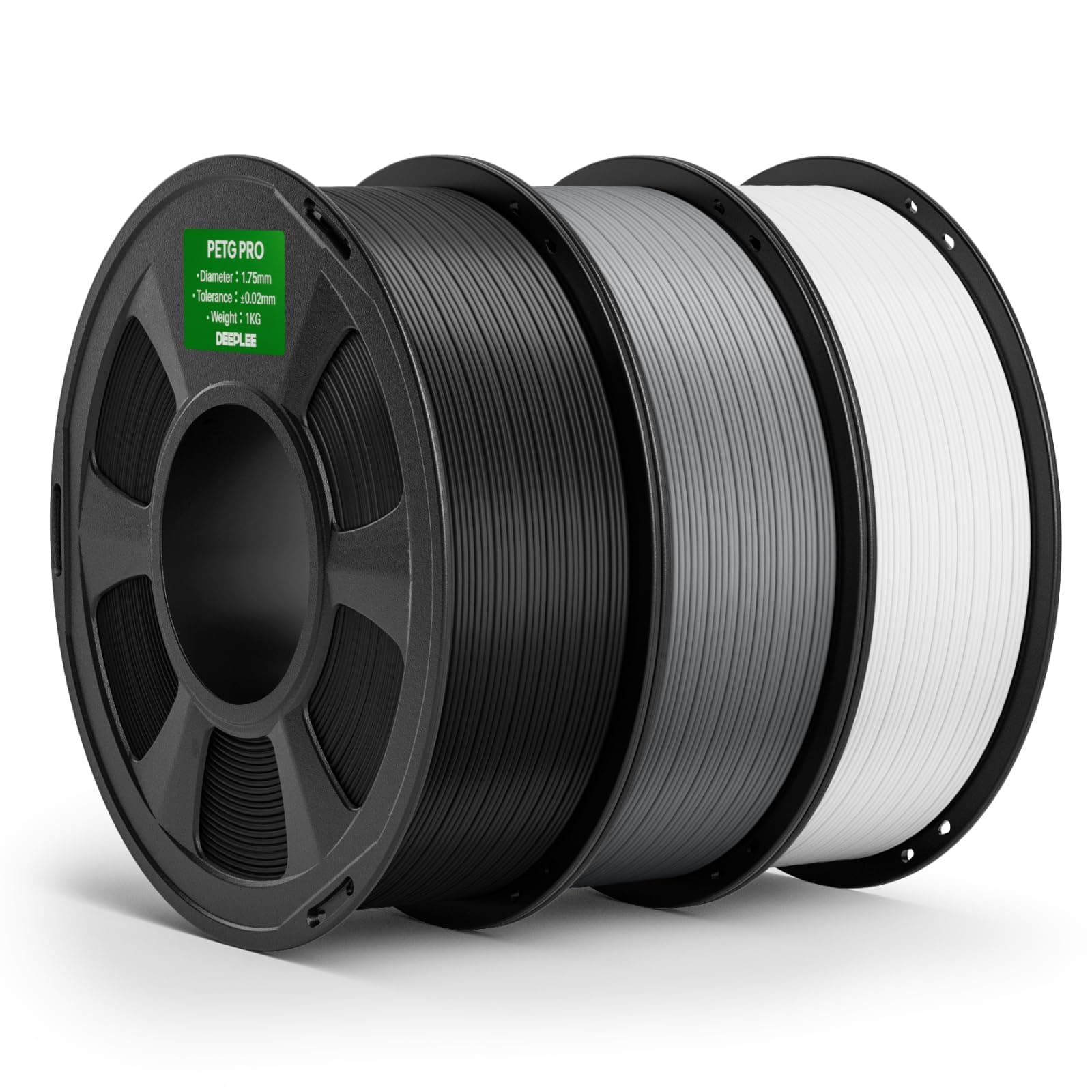 DEEPLEE PETG Pro 1.75 mm, Kit 3 Bobinas Negro, Blanco y Gris (3 kg). Resistencia UV e Intemperie. Transmisión de Luz Superior. Sin Obstrucciones ni Hilos. Compatible con la mayoría de impresoras FDM.