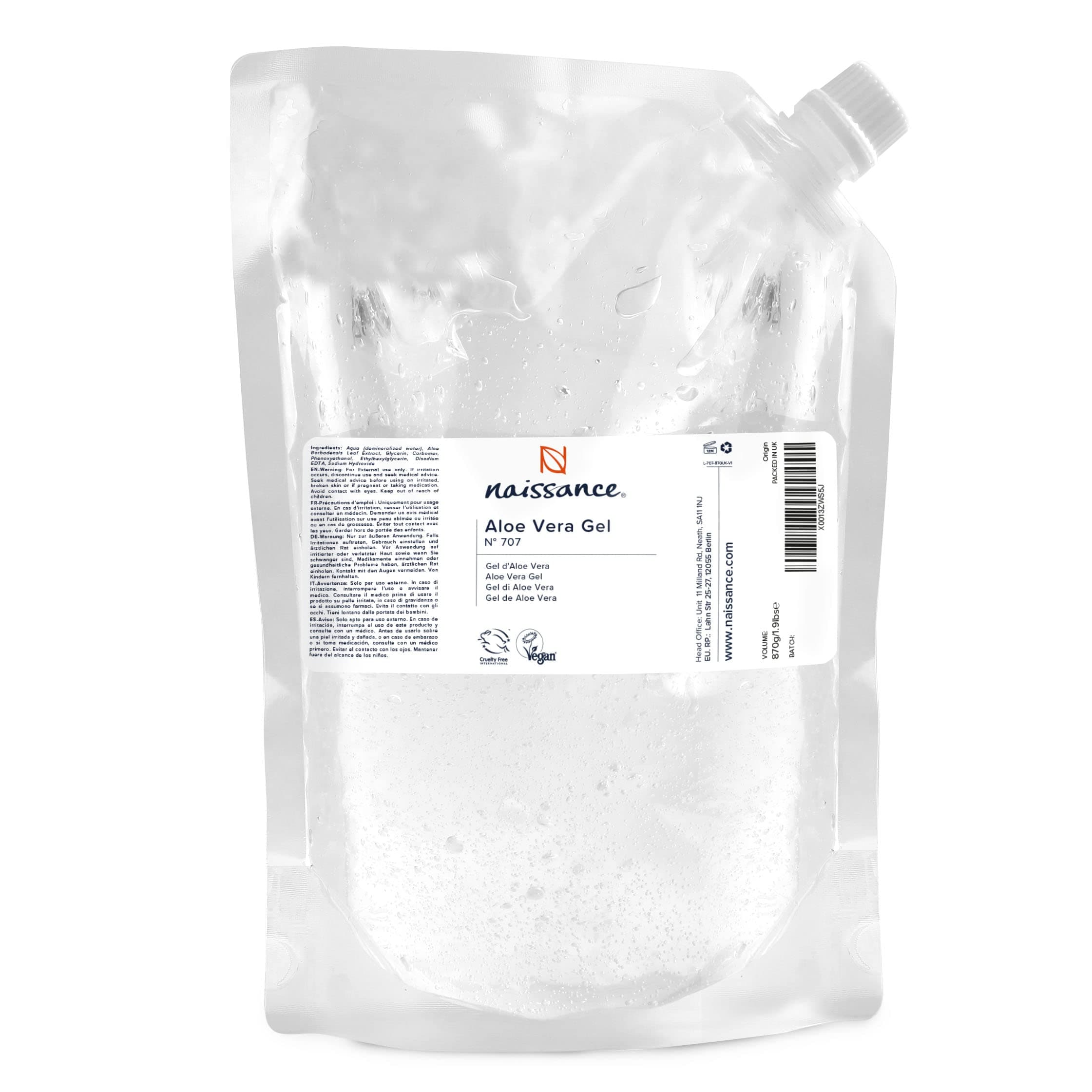 Naissance Aloe Vera Gel (Nr. 707) - 870g - Rein, Natürlich, Vegan für Haare, Gesicht, Haut, Augen, Füße, Nägel, Körper, Kosmetik - Nachfüllpack, Pflegend, Hunde, Massage