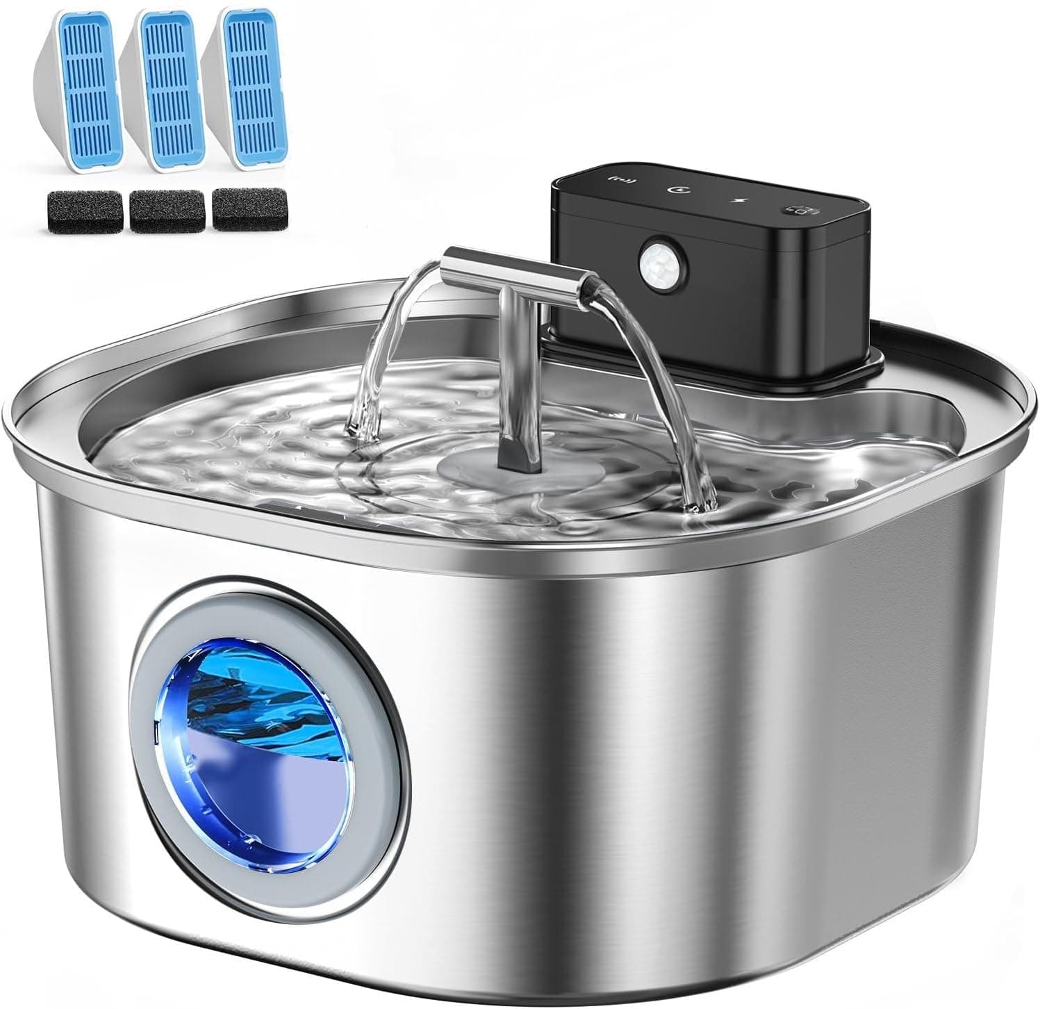 Fontaine pour Chat en Acier Inoxydable avec 3 Modes de Fonctionnement - Fontaine sans Fil de 3,2 l pour Chat - Pompe Ultra silencieuse et Design à Double buse - avec 3 Jeux de filtres