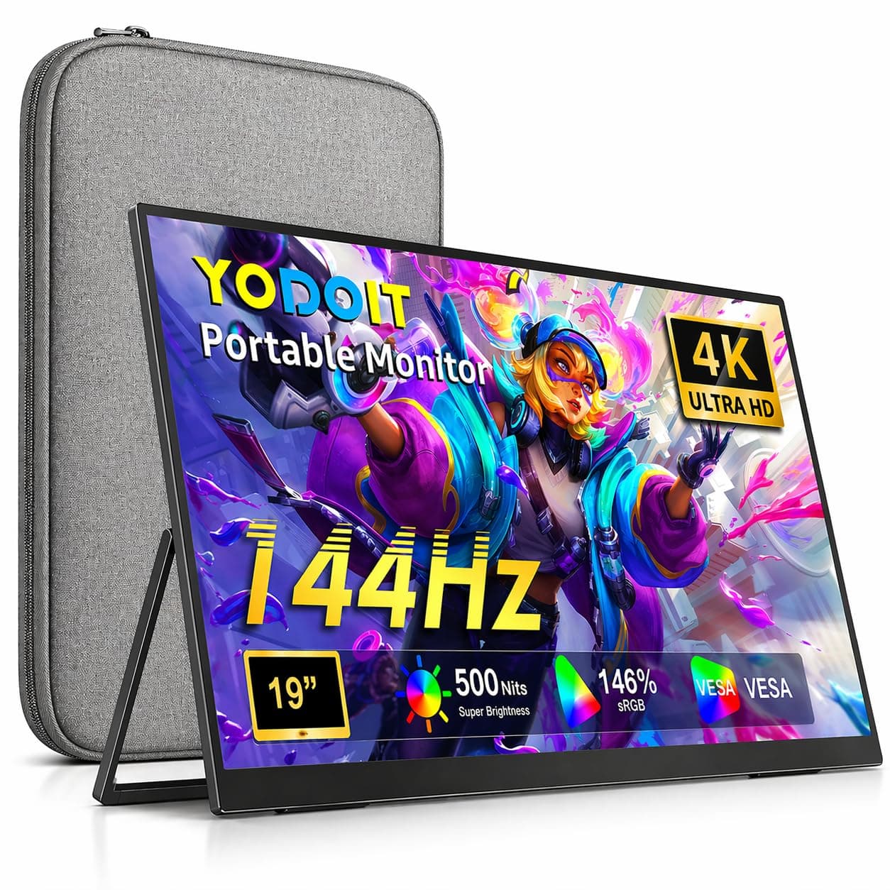 Yodoit Monitor Portátil 19" 4K 144Hz, Pantalla QLED UHD 3840 x 2160 con Soporte Integrado, Puertos USB Tipo C y HDMI con Altavoces Incorporados, Compatible con PC, Portátil, MacBook, PS3/4/5 y Switch
