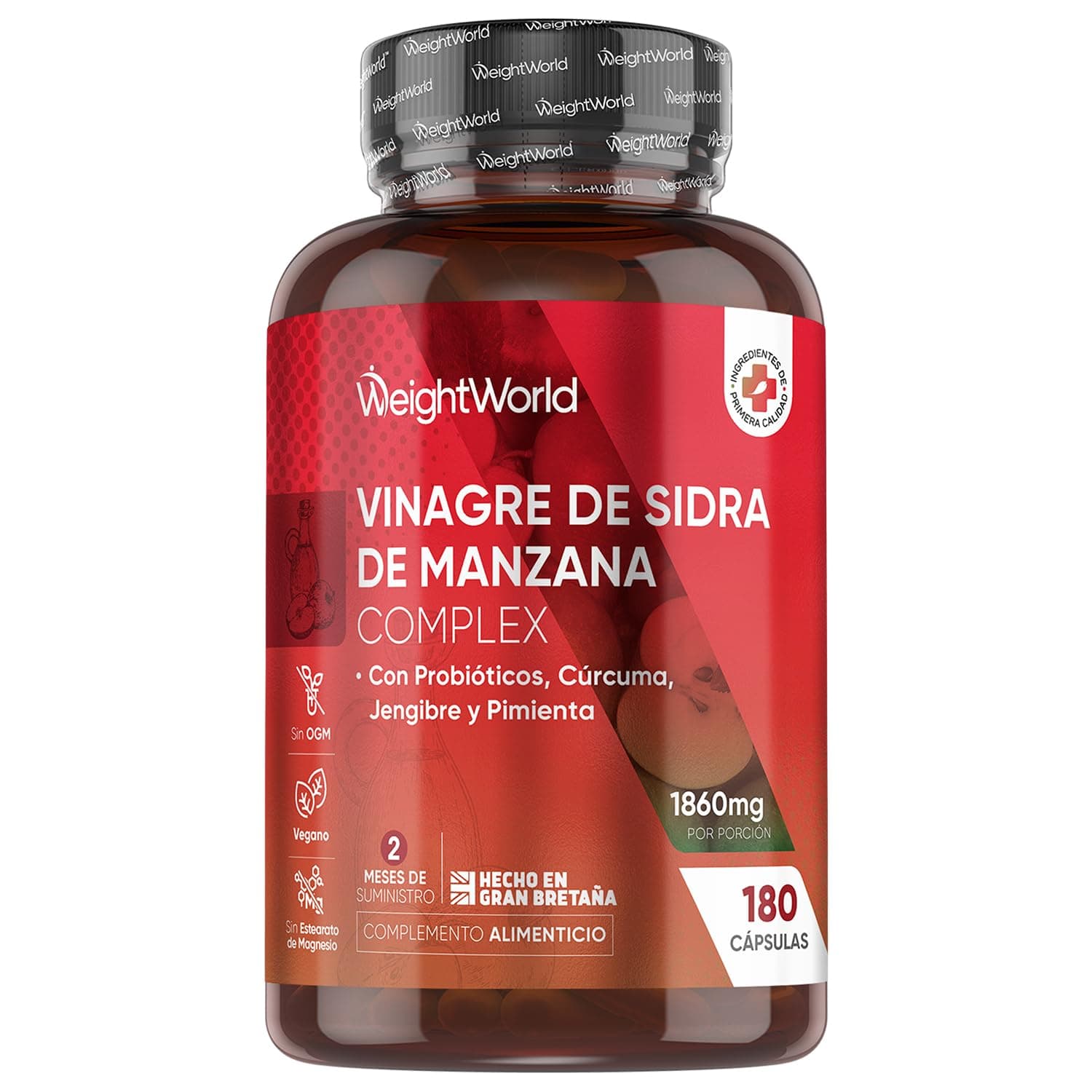 Vinagre de Sidra de Manzana 1860 mg - 180 Cápsulas con Probióticos, Cúrcuma, Jengibre y Pimienta de Cayena - Suplemento para 2 Meses de Suministro - Sin OGM y Apto para Veganos