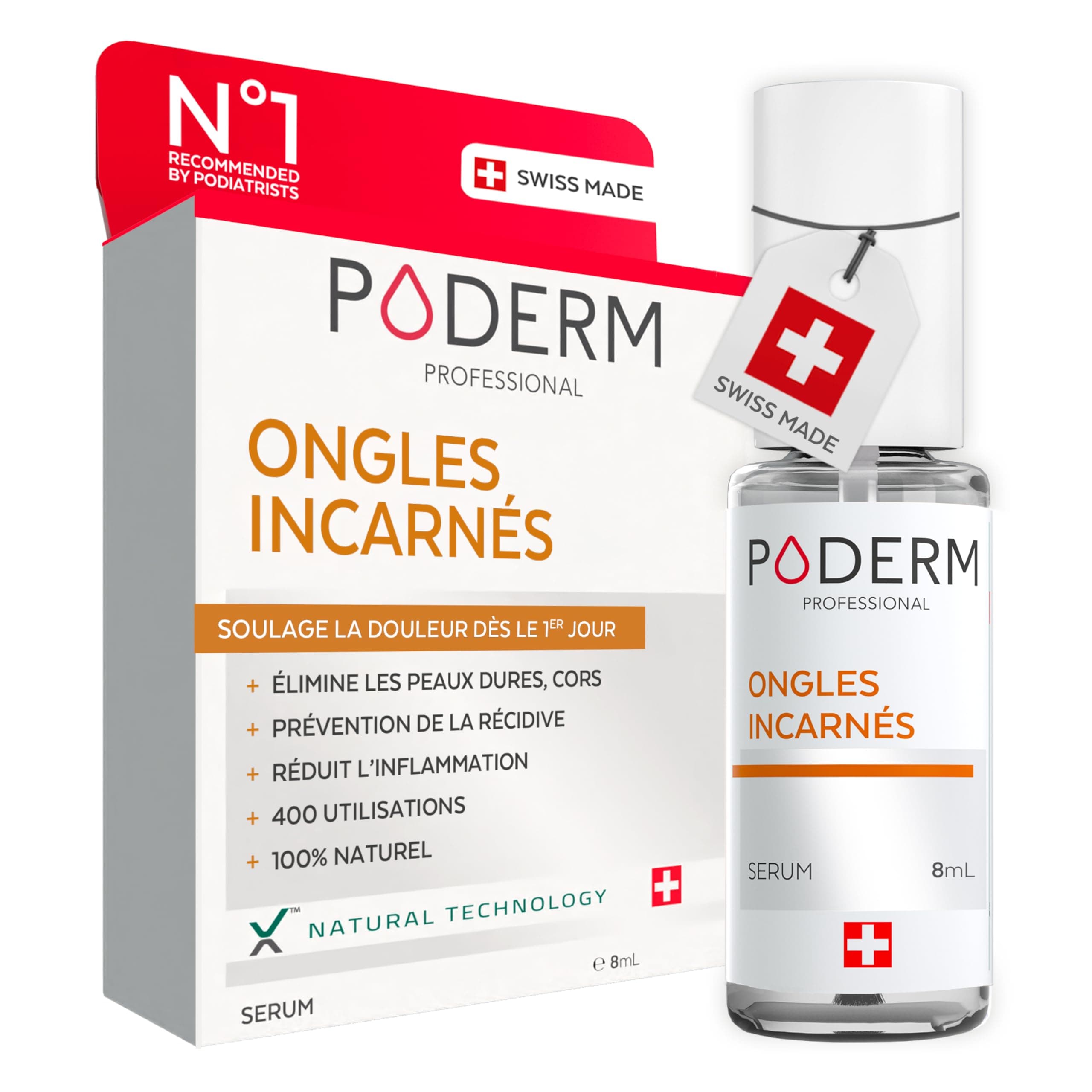 PODERM - ONGLES INCARNÉS TRAITEMENT EMOLLIENT 2en1 | Soulage la douleur, prévient l’infection | Lubrifie l’ongle et ramollit les callosités | Solution professionnelle pied/main | Fabriqué en Suisse