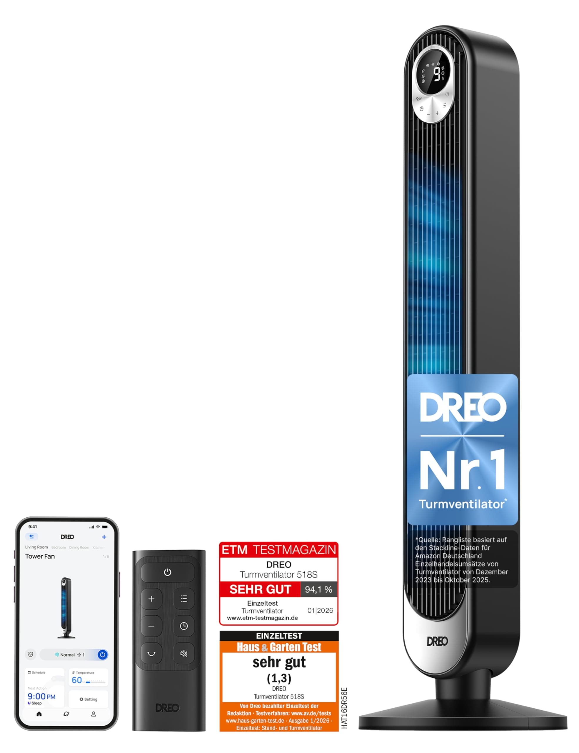 Dreo Smart 20dB DC Motor Turmventilator Leiser, 11M Windentfernung Ventilator mit Fernbedienung,9 Stufen 4 Modi, 90° Oszillierender Standventilator mit Sprachteuerung für Schlafzimmer, 12H Timer