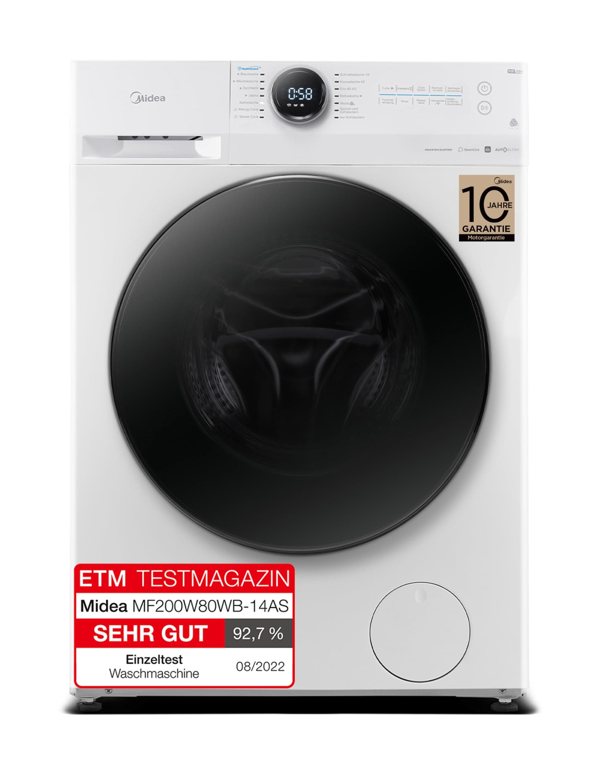 Midea MF200W80WB-14AS Waschmaschine / 8KG / nur 48 cm tief/Energieeffizienzklasse A/Steam Care/Nachlegefunktion / 1400 U/min/Turbo Wash/APP-Steuerung, AquaStop