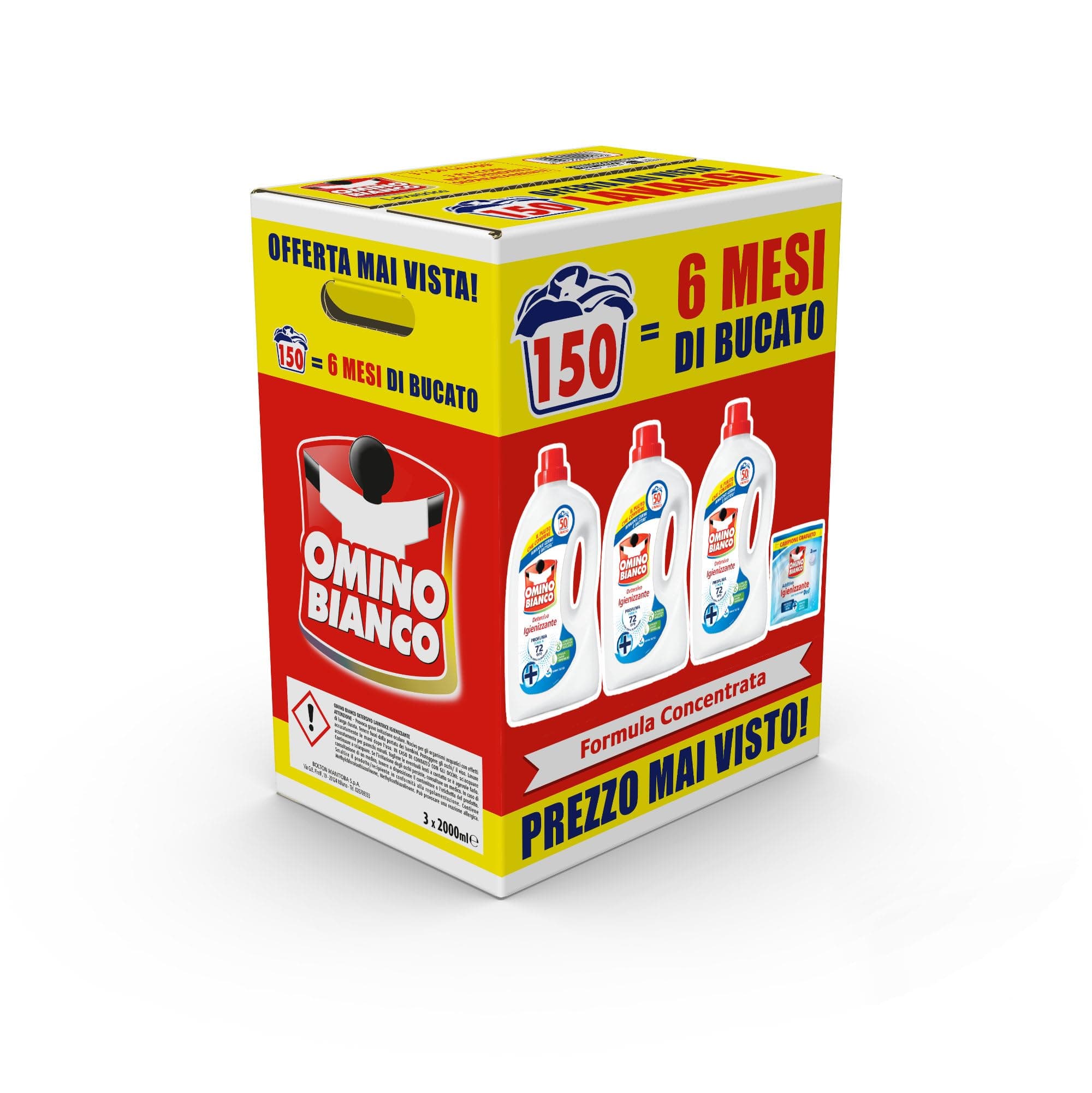 Omino Bianco - Detersivo Lavatrice Igienizzante Liquido, 150 Lavaggi, Rispetta Colori e Tessuti, Igienizza e Rimuove Germi e Batteri, 2000 ml x 3 + Campione di Additivo Lavatrice Igienizzante Idrocaps