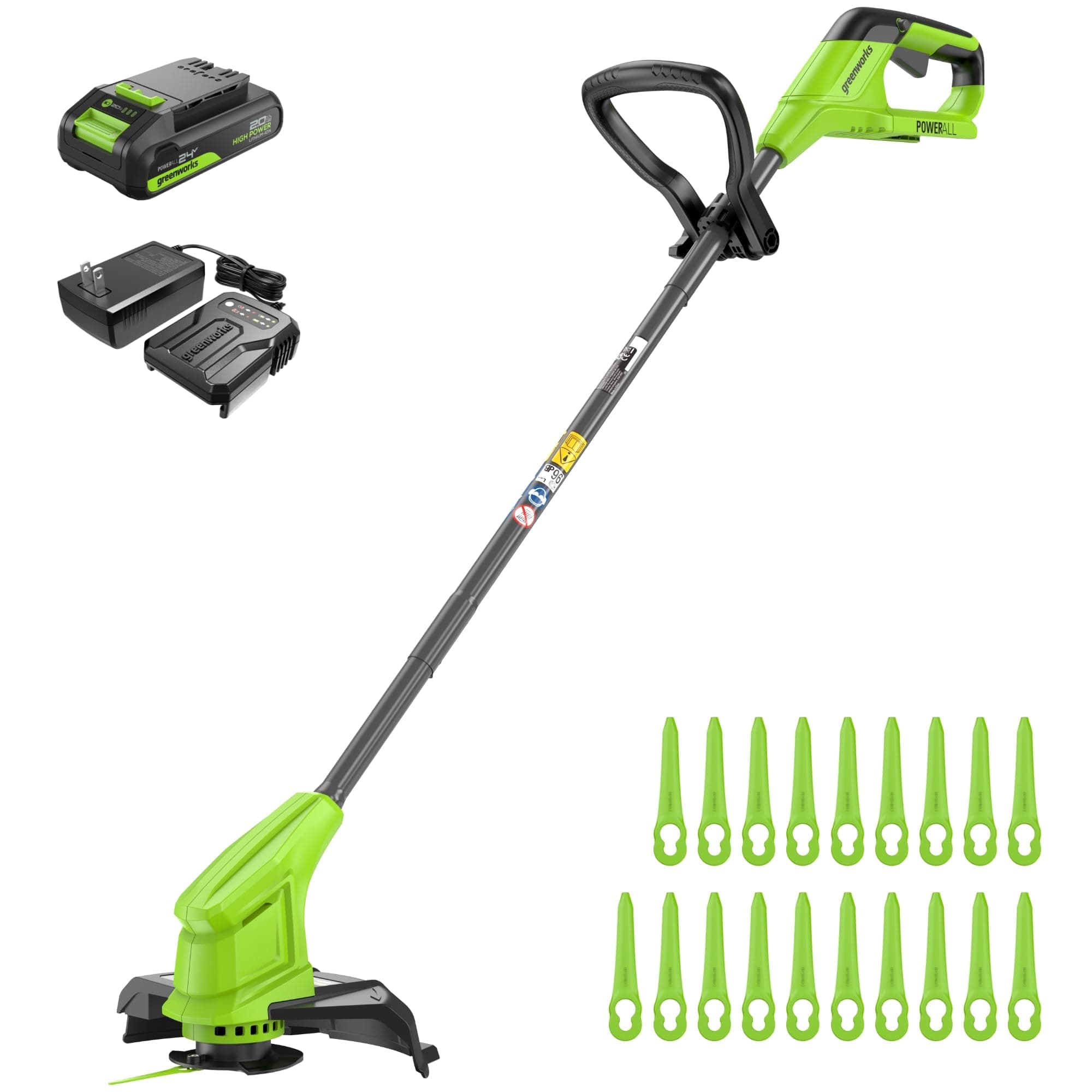 Greenworks 24V Coupe-Bordures sans Fil pour Moyens Jardins, Hauteur réglable, Largeur de Coupe 25 cm, 20 Couteaux Clients Inclus, Batterie 2.0 Ah et Chargeur, Barre de Guidage télescopique réglable
