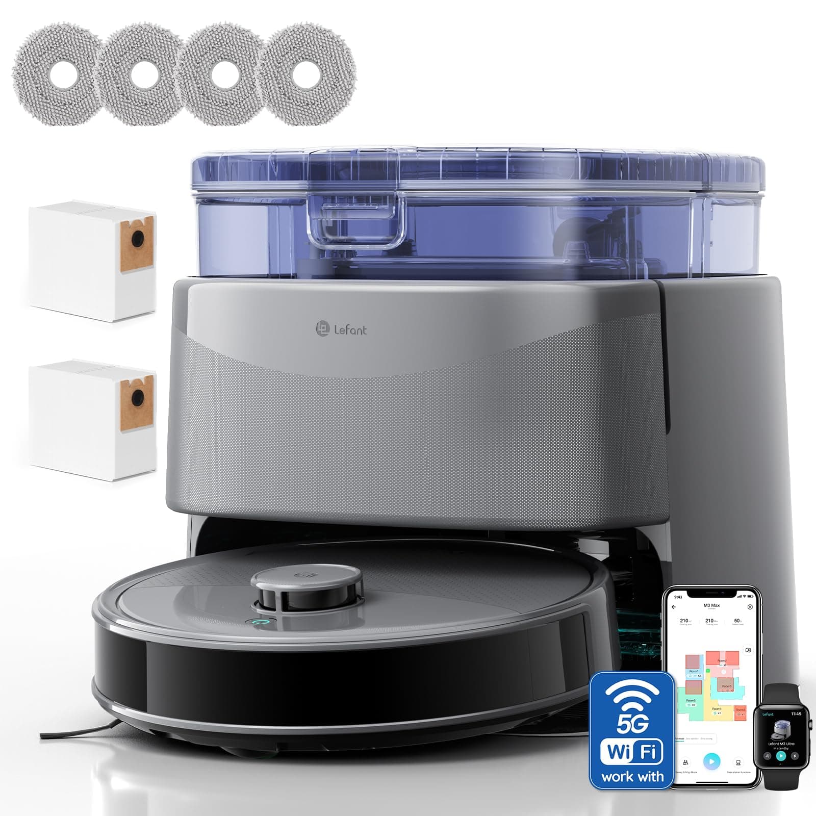 LEFANT M3 Ultra Robot Aspirapolvere e Lavapavimenti con Mappatura, Laser dToF 360°, Aspirazione 23000Pa, Mop Rotanti 75°C con Asciugatura, Autosvuotamento 3,2L, Evitamento PSD, WiFi 2.4G/5G, Alexa/App