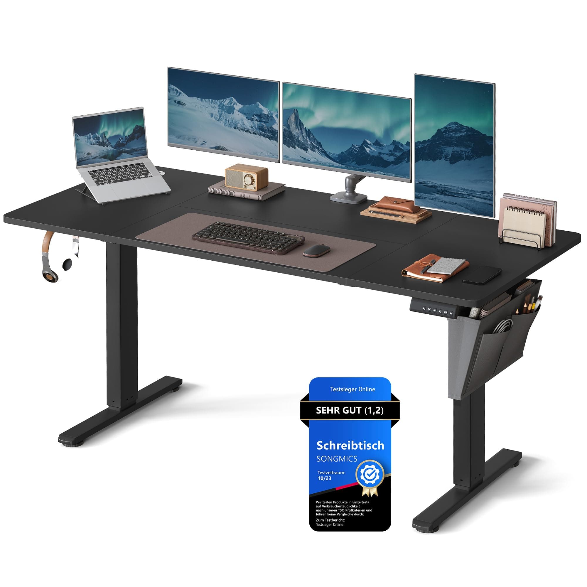 SONGMICS Höhenverstellbarer Schreibtisch elektrisch, 160 x 70 cm, stufenlos verstellbar, Memory-Funktion mit 4 Höhen, tintenschwarz LSD136B01