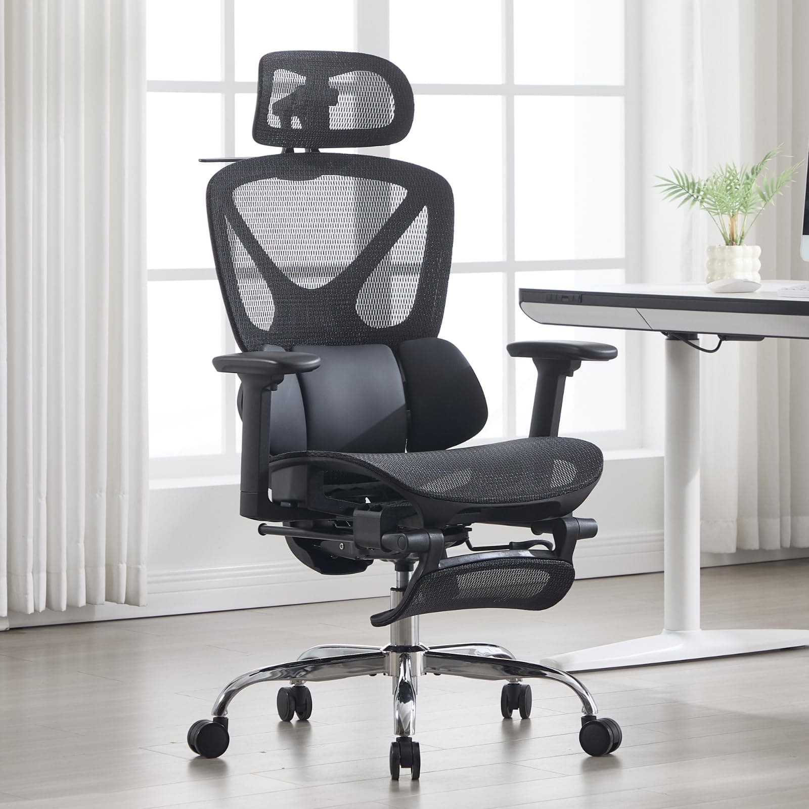 Ya-Home Fauteuil de Bureau Ergonomique avec Support Lombaire Réglable Chaise de Bureau avec Accoudoirs et Tête Chaise d'Ordinateur Réglable en Hauteur avec Repose-Pieds, Noir