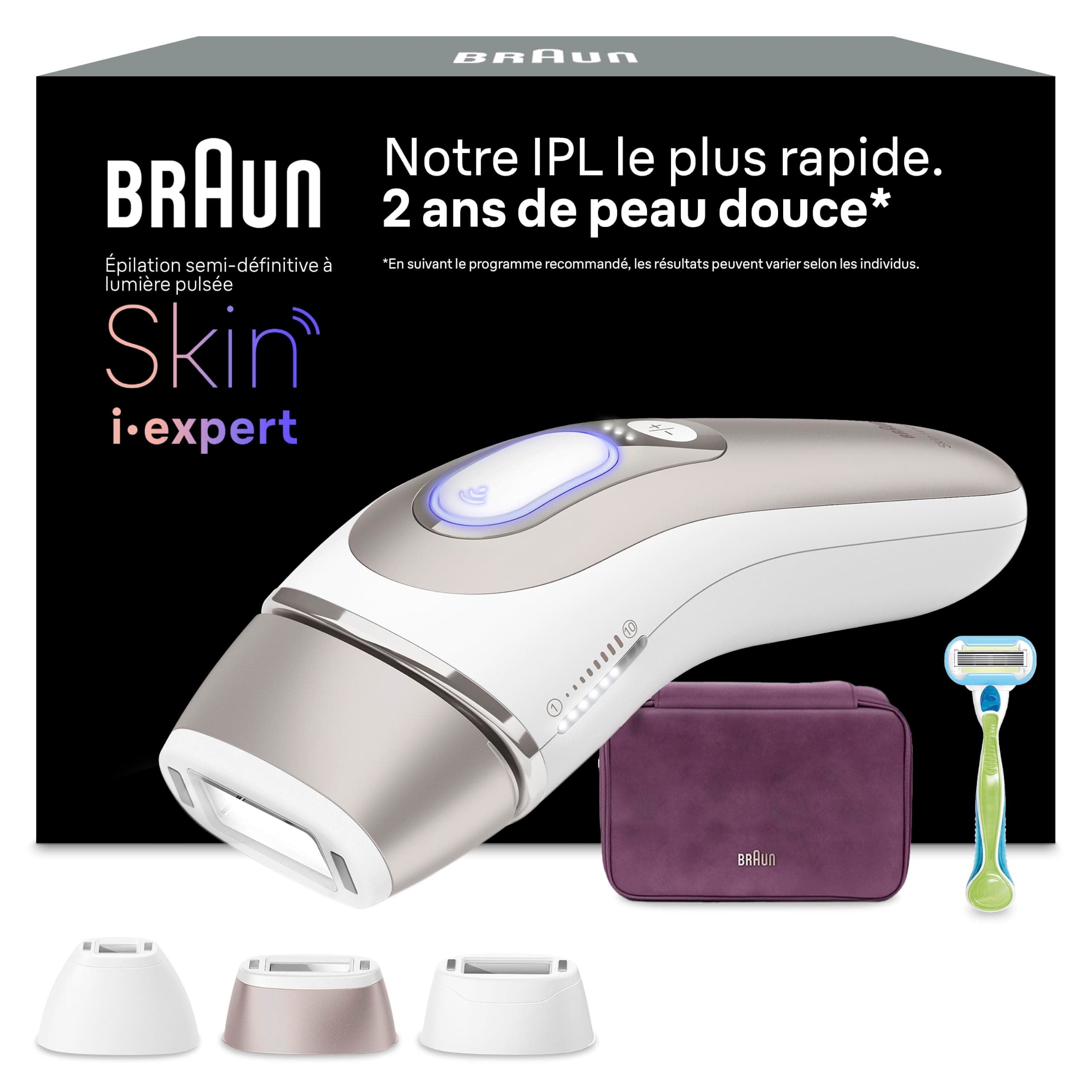 Braun Epilateur Lumiere Pulsee Intelligent Skin i·expert PL7263, Blanc | Alternative au Laser à Domicile, Filaire, avec Pochette, Rasoir Gillette Venus, 3 Têtes, Connecté à L’Application