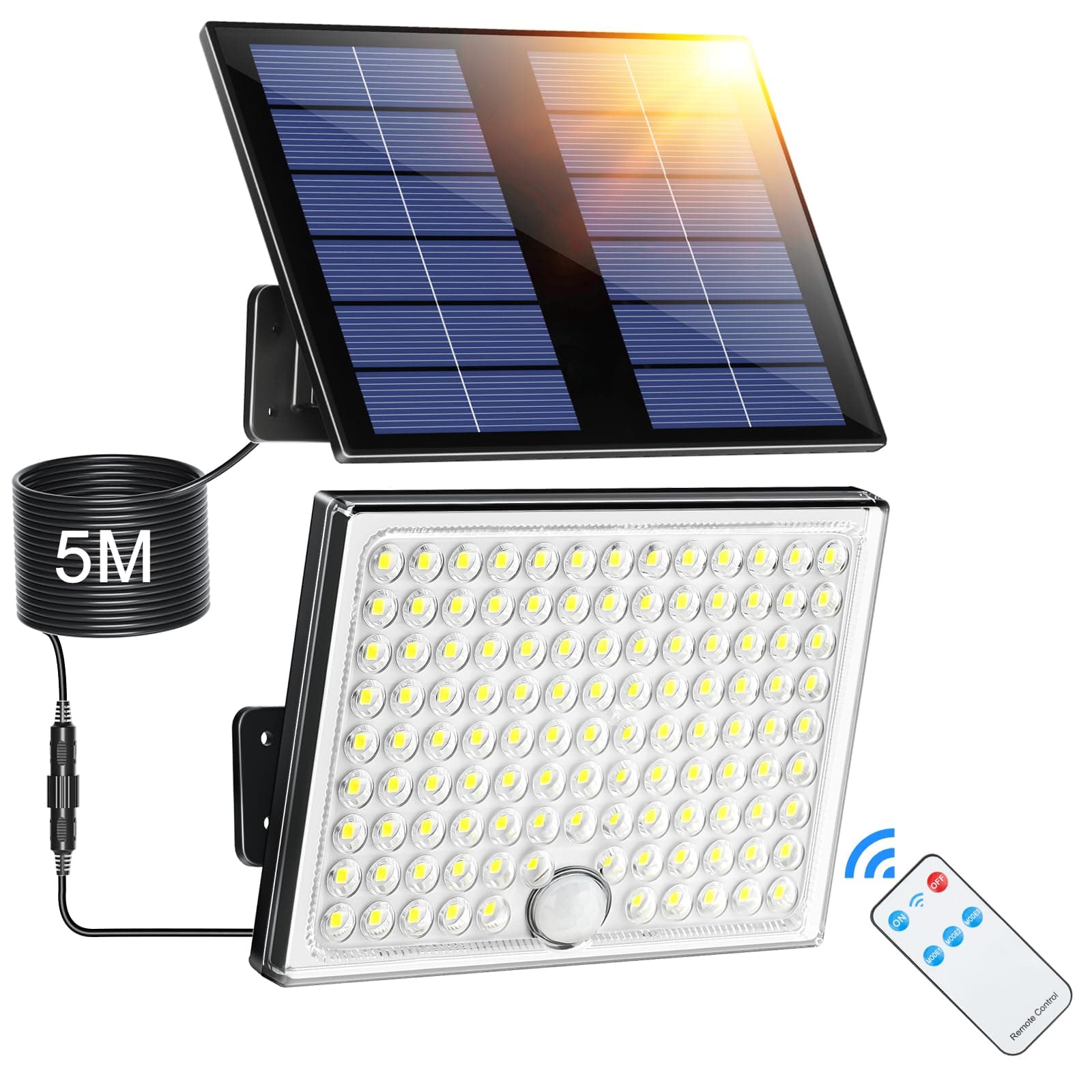 Giliwosy Focos Led Exterior Solares, Luz Solar Exterior con Sensor de Movimiento con Control Remoto, 2000mAh Batería Recargable, 4 Modes, IP65 Impermeable, Cable de 5M, Luces Led para Jardín, 1 Pieza
