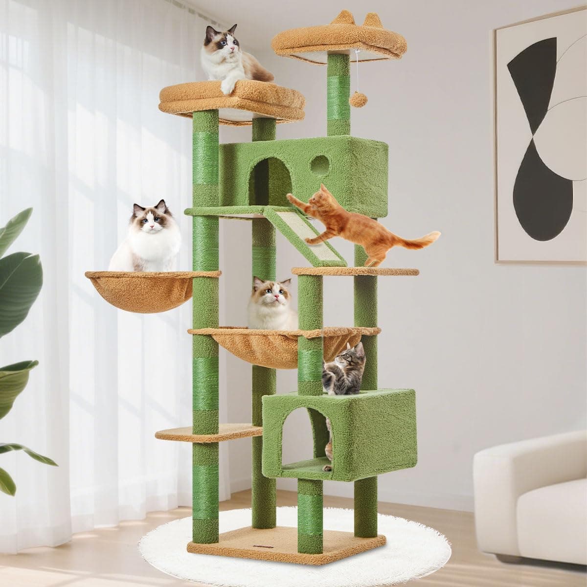 TaoqimiaoRascador para Gatos Grandes, 180CM Estable Arbol Rascador para Gatos com Cuevas, Cesta, Hamaca, Postes, MS026LW Verde