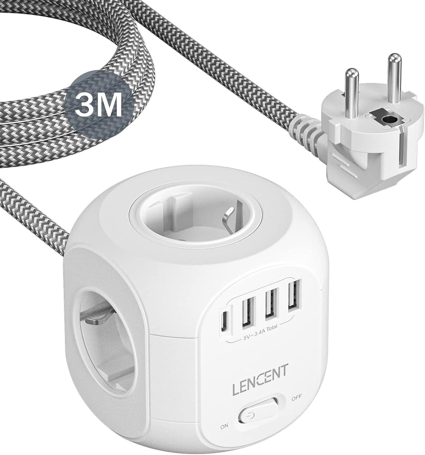 LENCENT Cubo Regleta Enchufes 3M con 4 Tomas de CA, 3 USB y 1 Tipo C, Alargadera Electrica Protección contra Sobretensiones para Familia, Cocina y Oficina White