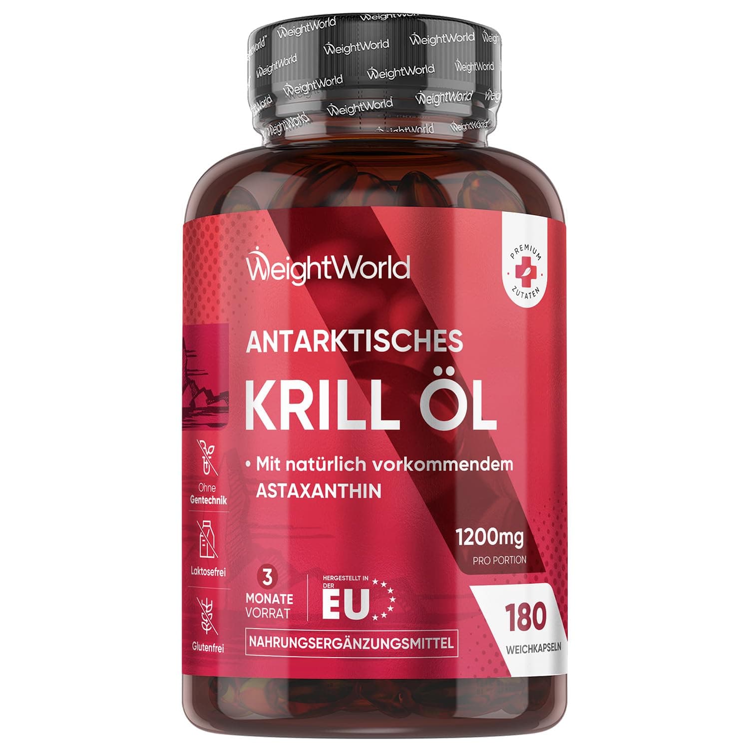 Antarktisches Krillöl Weichkapseln - 1200mg pro Portion - Liefert Omega 3, DHA, EPA, Astaxanthin, Cholin, Marine Phospholipide -180 Softgels für 3 Monate - WeightWorld