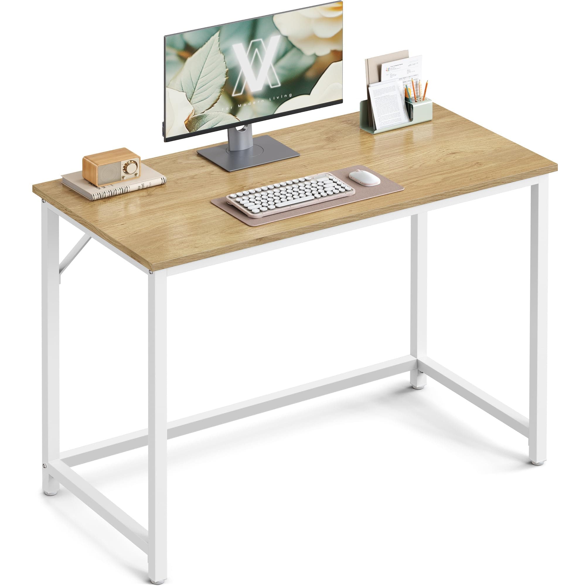 VASAGLE Escritorio, Mesa Oficina Pequeña y Estación Trabajo, Mesa para Teletrabajo, Estudio, Dormitorio, 50 x 100 x 76 cm, Estilo Moderno, Estructura Metal, Roble Natural y Blanco Perla LWD041W70V1