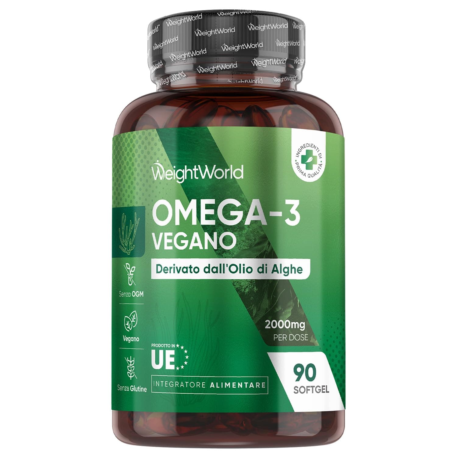 Omega 3 Vegan in 90 Softgel da 2000 mg, DHA, EPA, Omega3 Vegetale da Olio Algale, DHA ed EPA Contribuiscono al Mantenimento di Livelli Normali di Trigliceridi nel Sangue (EFSA), Senza Glutine né OGM