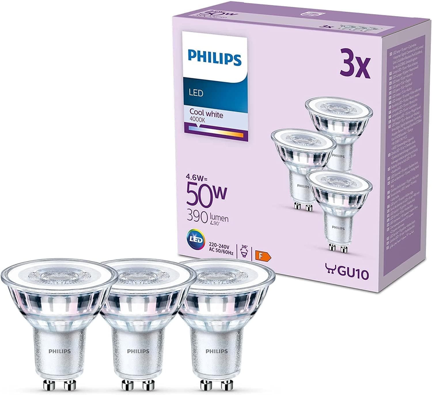Philips LED Lampe, ersetzt 50W, GU10 Reflektor, neutralweißes Licht (4000K), 390 Lumen, 3er Pack, Neutralweiß
