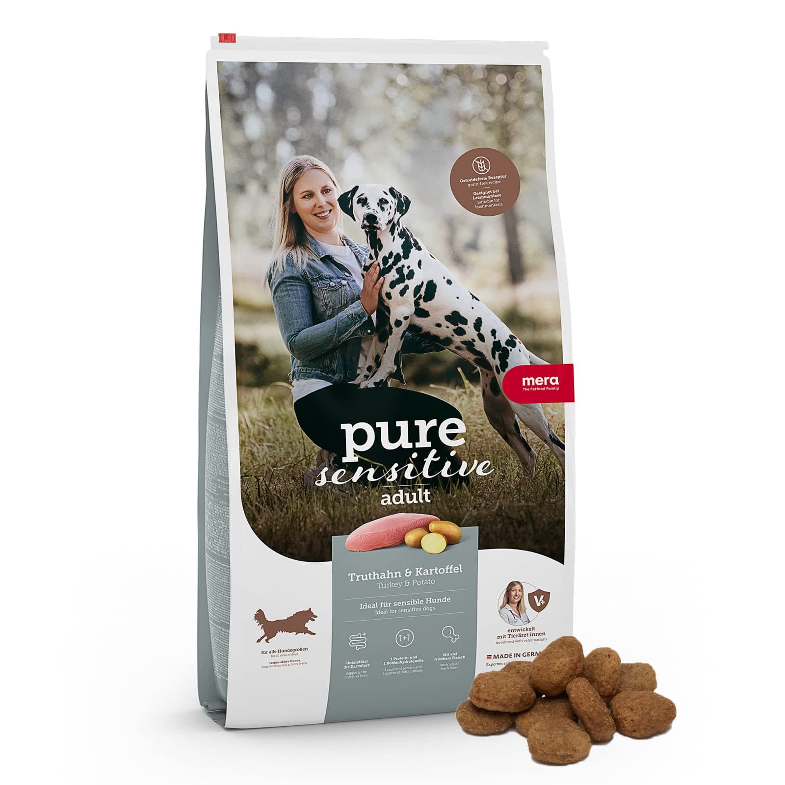 mera Pure Sensitive Truthahn & Kartoffeln, Hundefutter trocken mit viel frischem Fleisch, gesundes Trockenfutter getreidefrei für ausgewachsene Hunde (4 kg)
