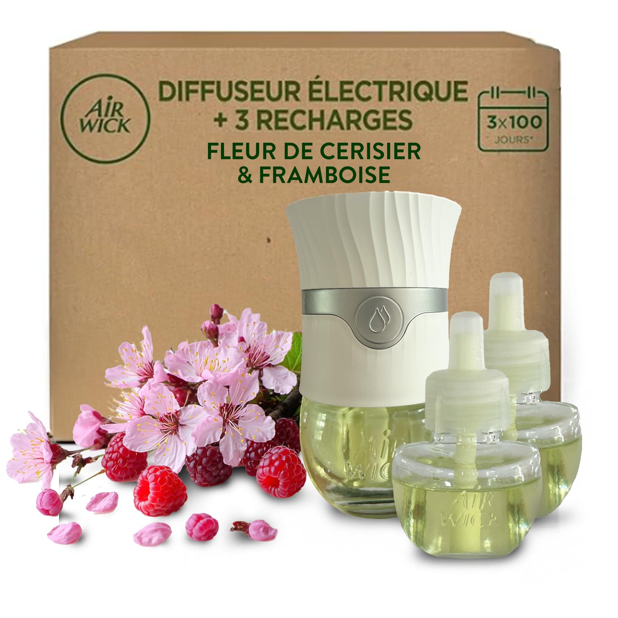 Air Wick Kit Diffuseur électrique + 3 recharges Fleur de Cerisier et Framboise 57mL