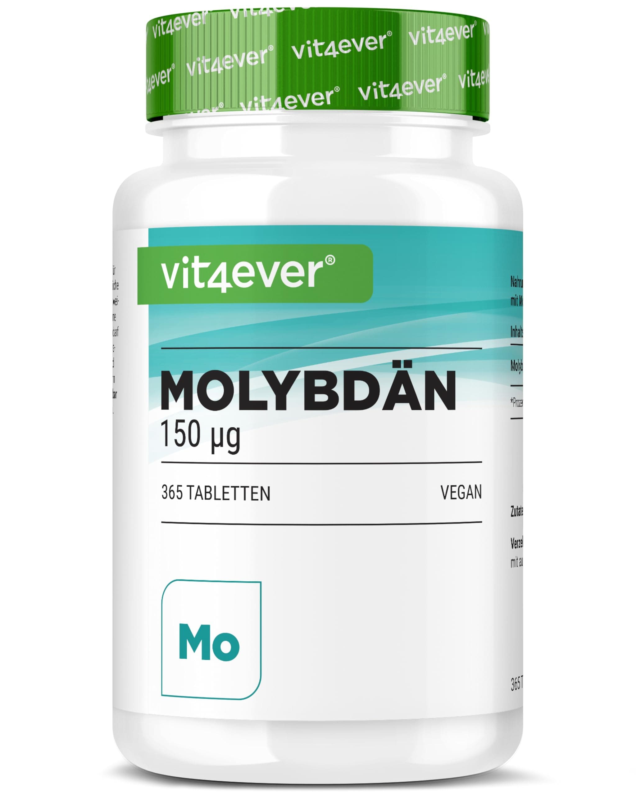 vit4ever Molybdän - 150 µg - 365 Tabletten im 12 Monatsvorrat - Reines Natriummolybdat- Essenzielles Spurenelement - Hochdosiert - Vegan