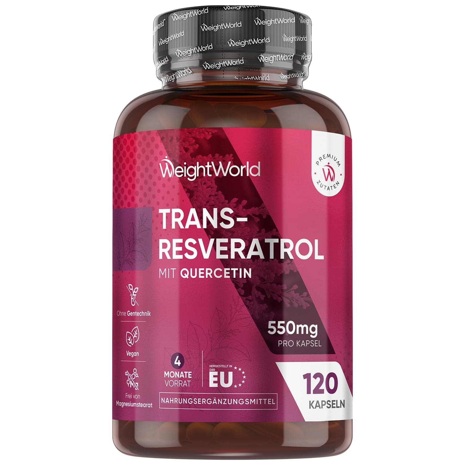 Trans - Resveratrol mit Quercetin 550 mg - 98% Reinheit aus japanischem Knöterich - 4 Monate Vorrat - 120 vegane Kapseln - 1 Kapsel Täglich - Frei von Magnesiumstearat - WeightWorld