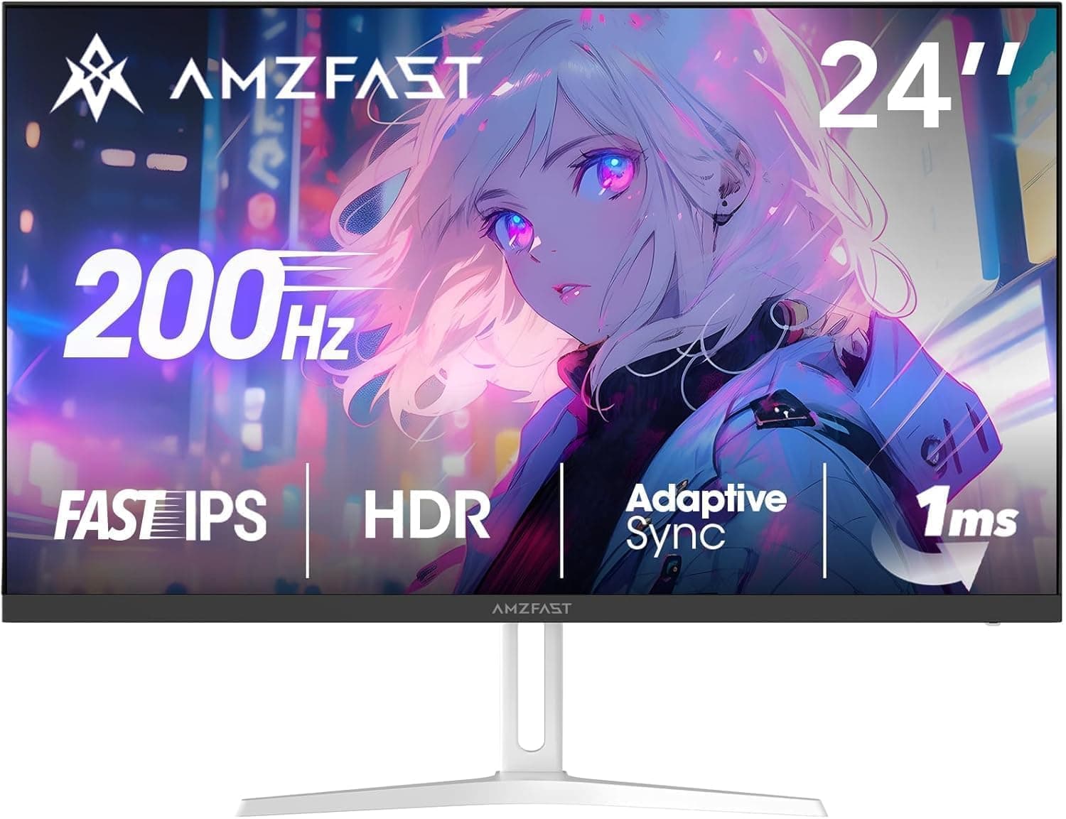 Amzfast 24 Pouces Ecran PC Gamer- 200Hz, FHD 1920x1080, Fast IPS Écran, 1ms MPRT, 80% DCI-P3, 110% sRGB, Anti-Lumière Bleue, HDR, Adaptive Sync, VESA 75x75, HDMI 2.0/DP 1.4, Blanc - AMZG24X1W