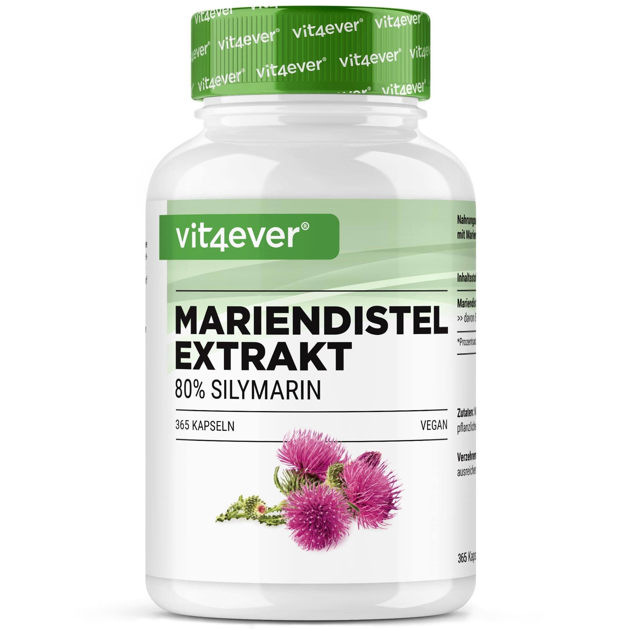 vit4ever Mariendistel Extrakt 365 Kapseln mit je 500 mg - 80% Silymarin Anteil - 12 Monatsvorrat - Hochdosiert - Vegan - Premium Qualität