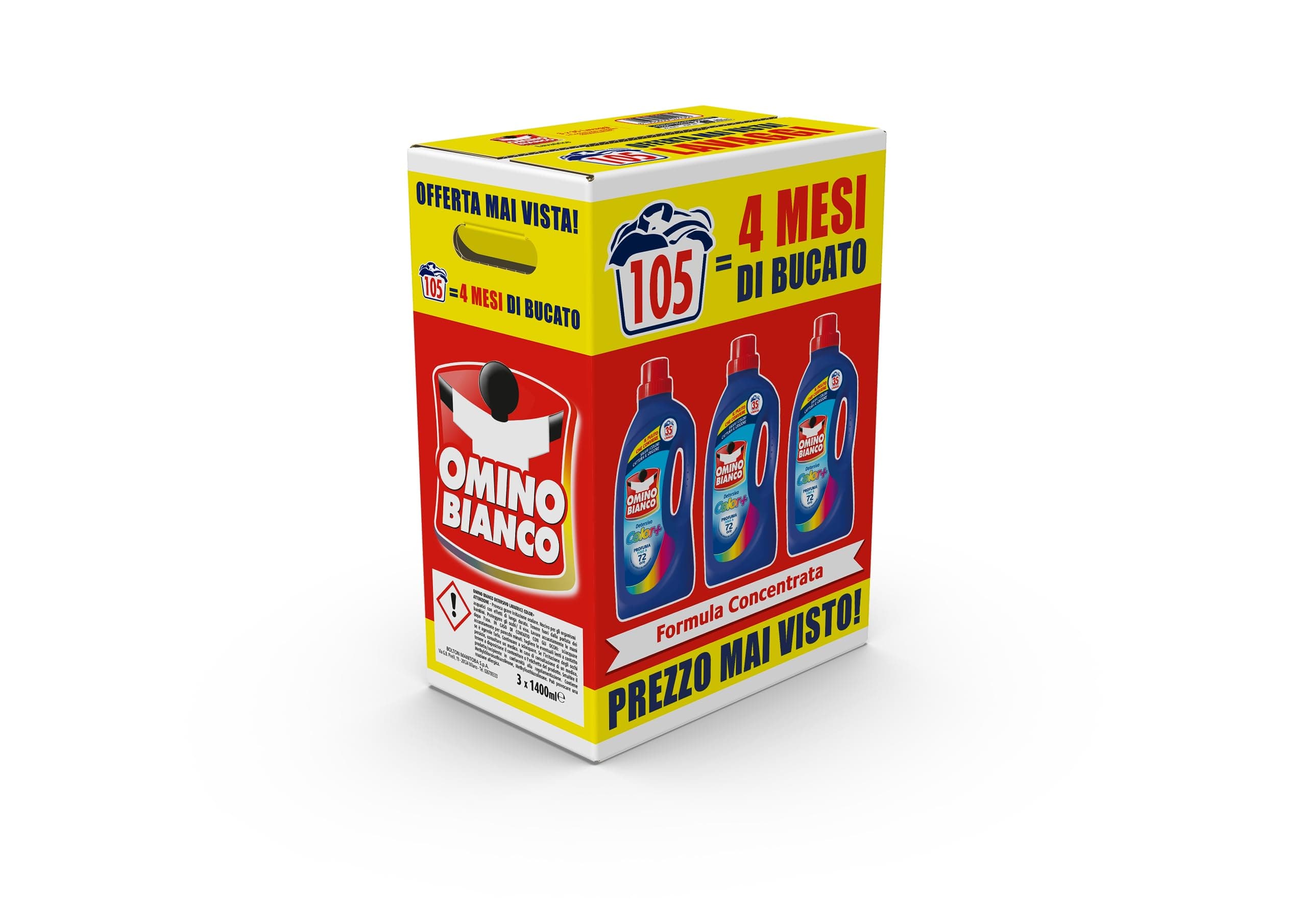 Omino Bianco - Detersivo Lavatrice Liquido Color+, 105 Lavaggi, Specifico per Capi Colorati, Tecnologia Salva i Colori e Cattura il Grigiore, 1400 ml x 3 Confezioni