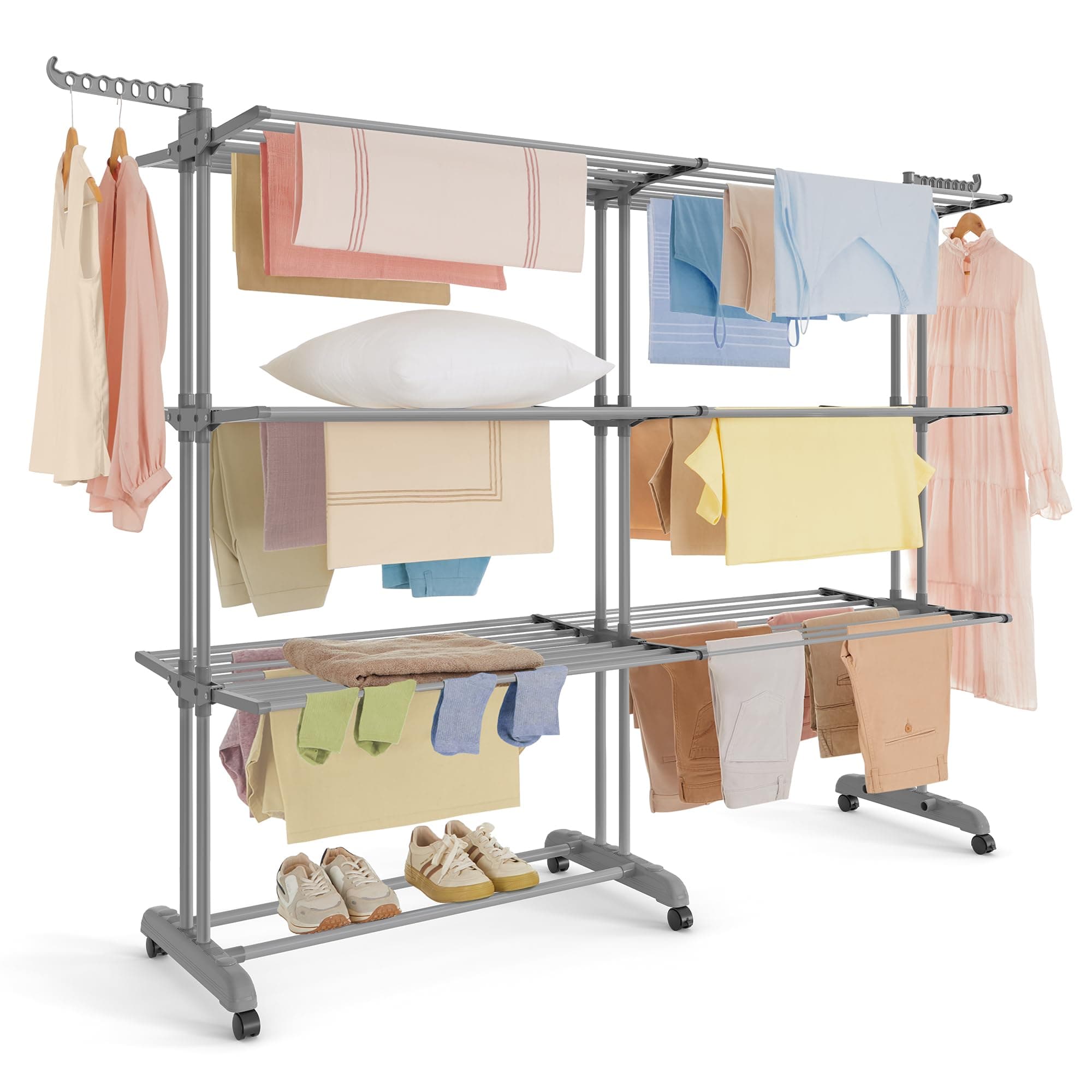SONGMICS Étendoir à Linge, Séchoir Mobile à 4 Niveaux, avec roulettes, Pliable, 63,5 x (131-200) x 177,5 cm, Grande Capacité, Utilisation Intérieure et Extérieure, Gris Tourterelle LLR704G01