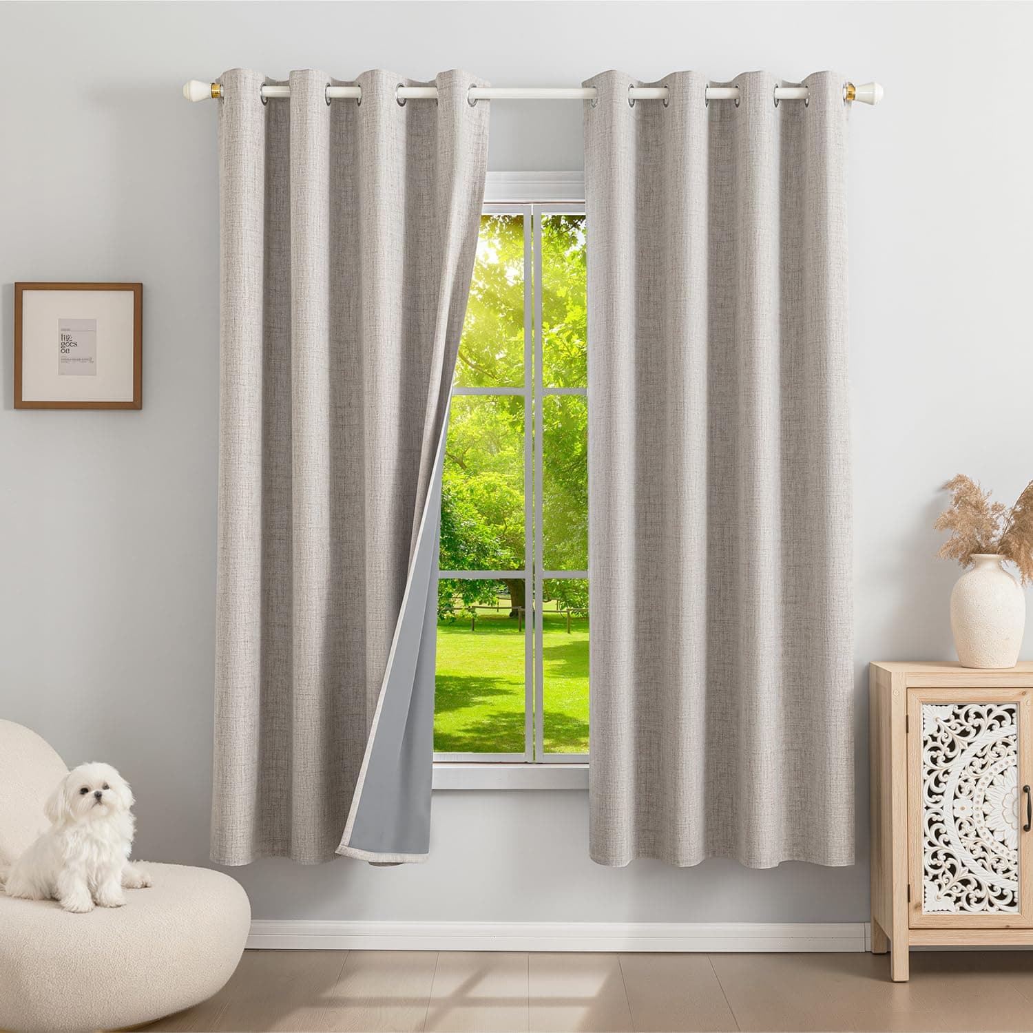 Runyéla 100% Rideau Occultant Thermique Isolant Anti Chaleur, Lot de 2 Lin Rideaux Fenêtre Opaques à Oeillets Gris Blanc Anti Froid UV Bruit, Intérieurs Decoration Dressing Salon Chambre 140x175