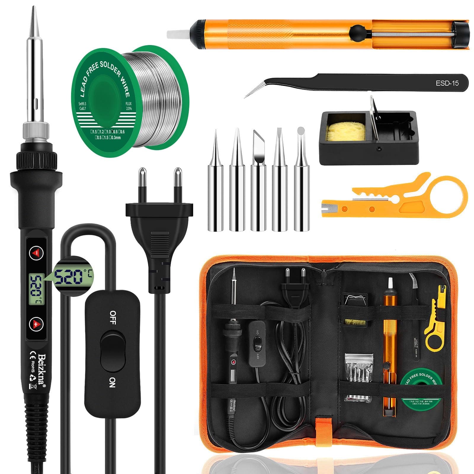 Saldatore a Stagno Kit 80W LCD Temperatura Regolabile 180-520℃ Stagnatore Elettrico 13 in1 Interruttore ON/OFF con 5 Punte di Saldatura, Filo per Saldatura, Pompa Dissaldante